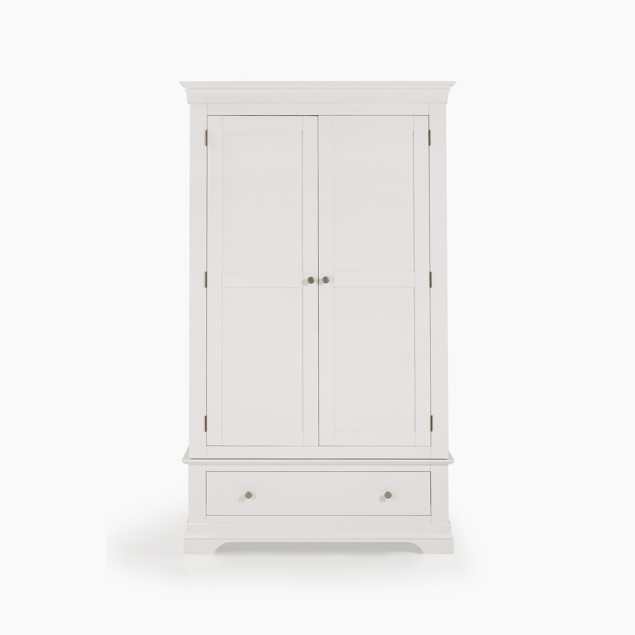 The Chalbury Double Wardrobe in Warm White showcases a contemporary design, standing tall with its sleek finish. It features double doors and a bottom drawer, providing ample storage against a plain background.