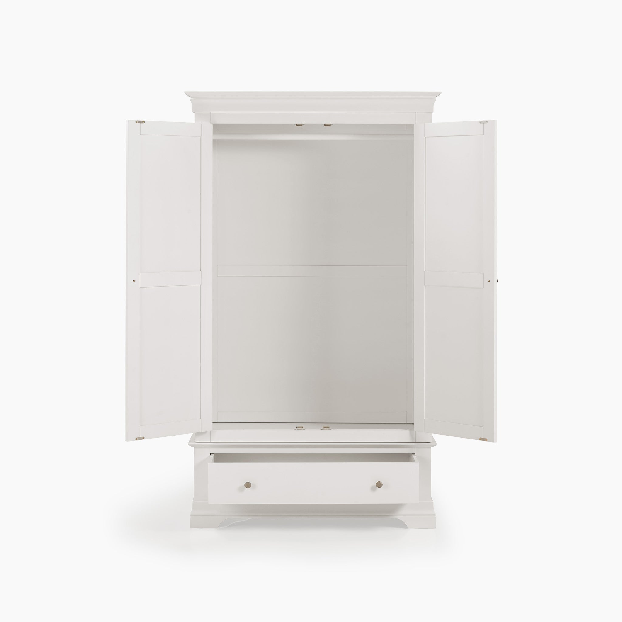 The Chalbury Double Wardrobe in Warm White features a modern design, with its open doors unveiling an empty interior and a roomy bottom drawer for plenty of storage space.