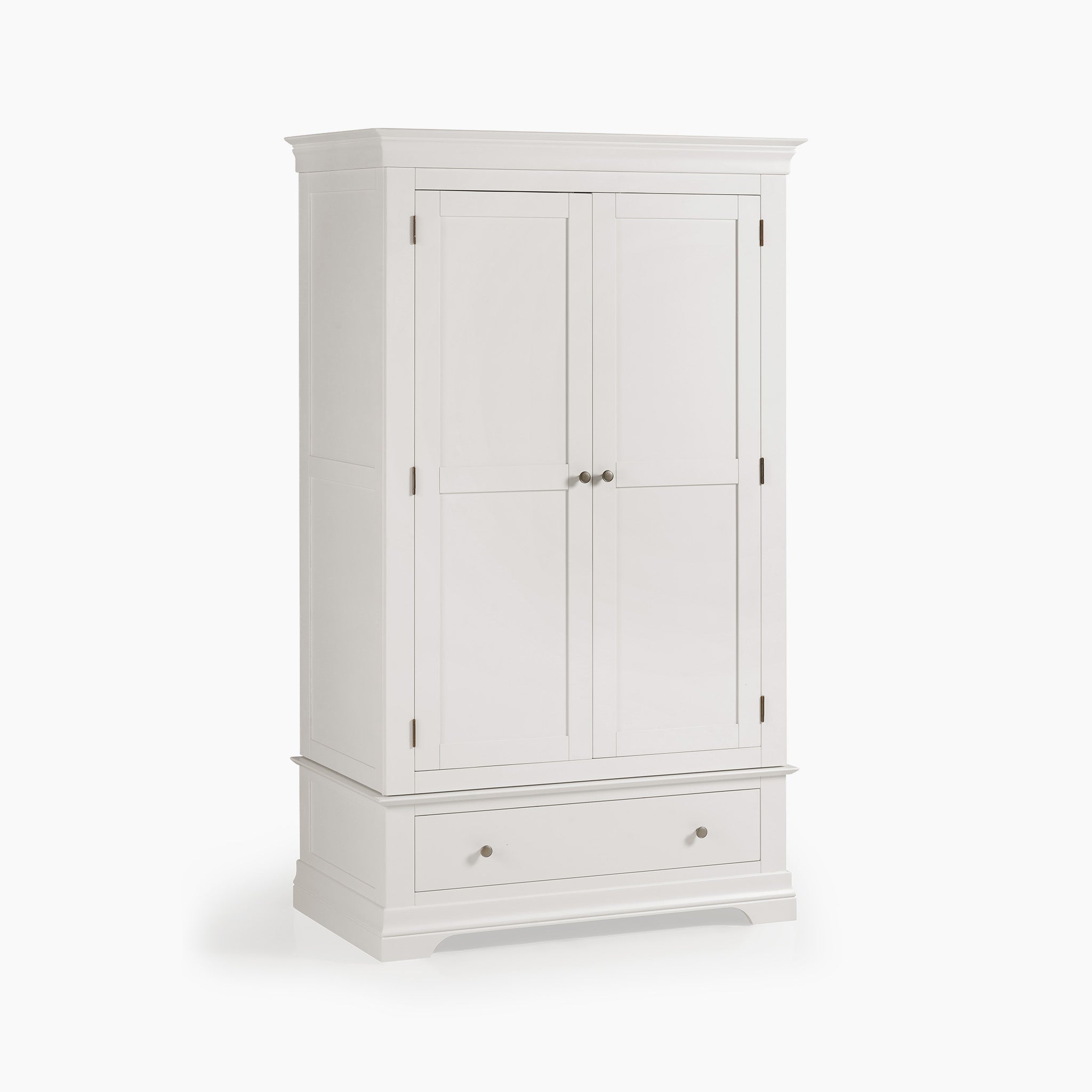 The Chalbury Double Wardrobe in Warm White provides generous storage space with its two doors and bottom drawer, all adorned with round metal handles. Its modern design is elegantly highlighted against a warm white backdrop.