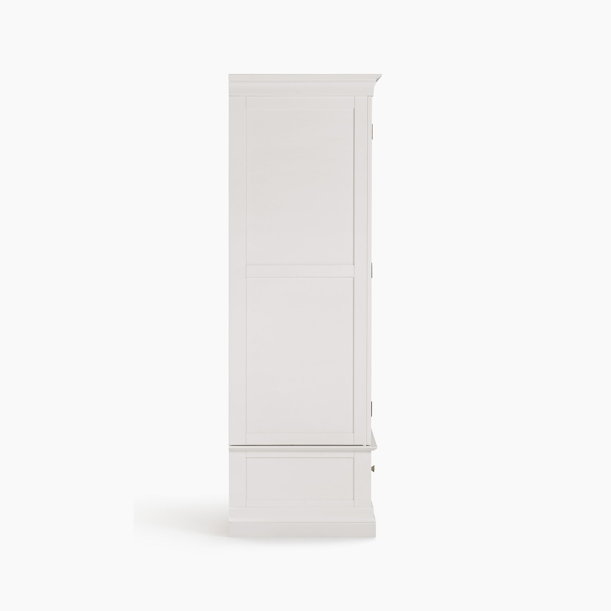 Side view of the Chalbury Double Wardrobe in Warm White, a tall cabinet featuring closed doors and a contemporary design that provides ample storage space.