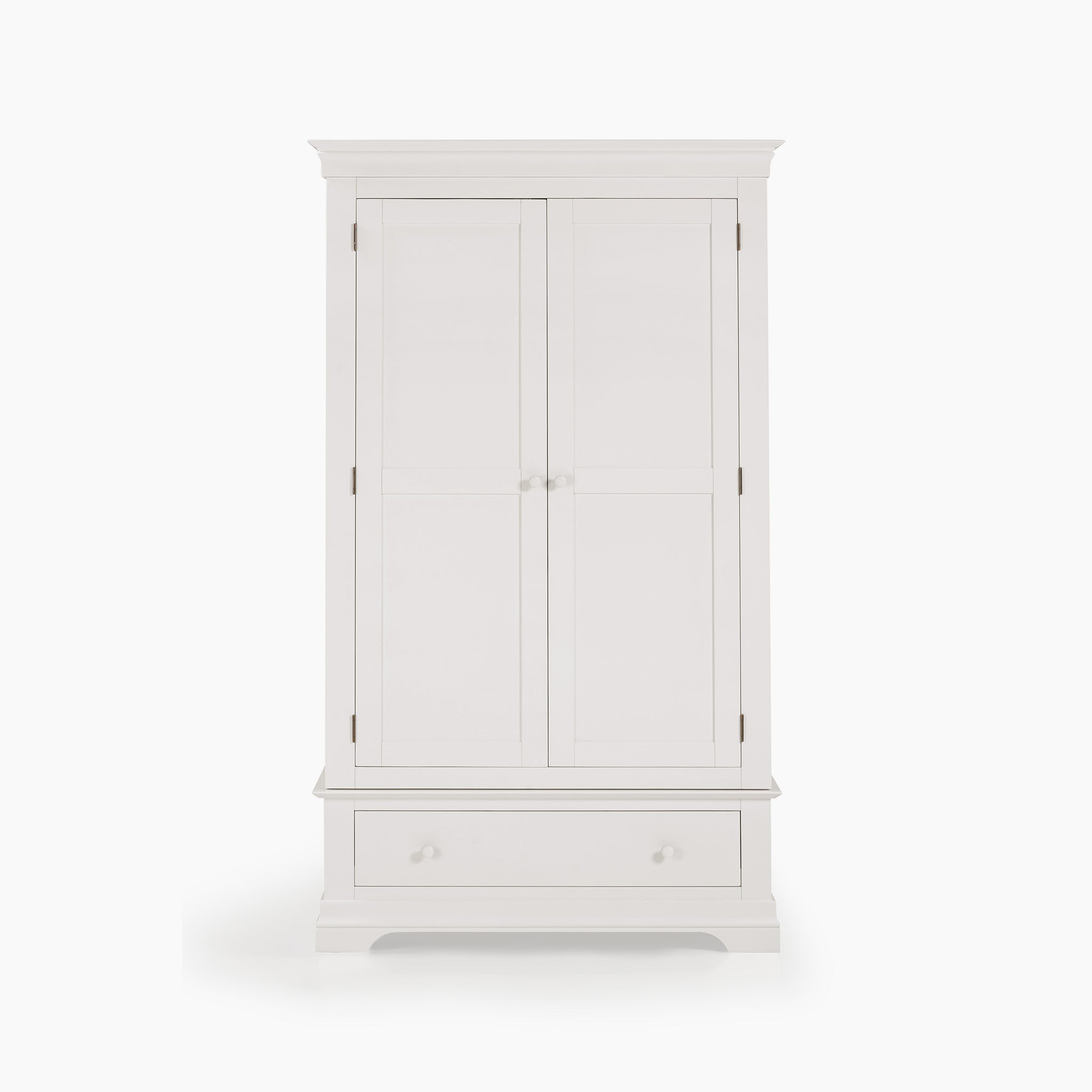 The Chalbury Double Wardrobe in Warm White provides generous storage space with its two-door design and bottom drawer. Its minimalist yet modern style lends a sophisticated look to any room.