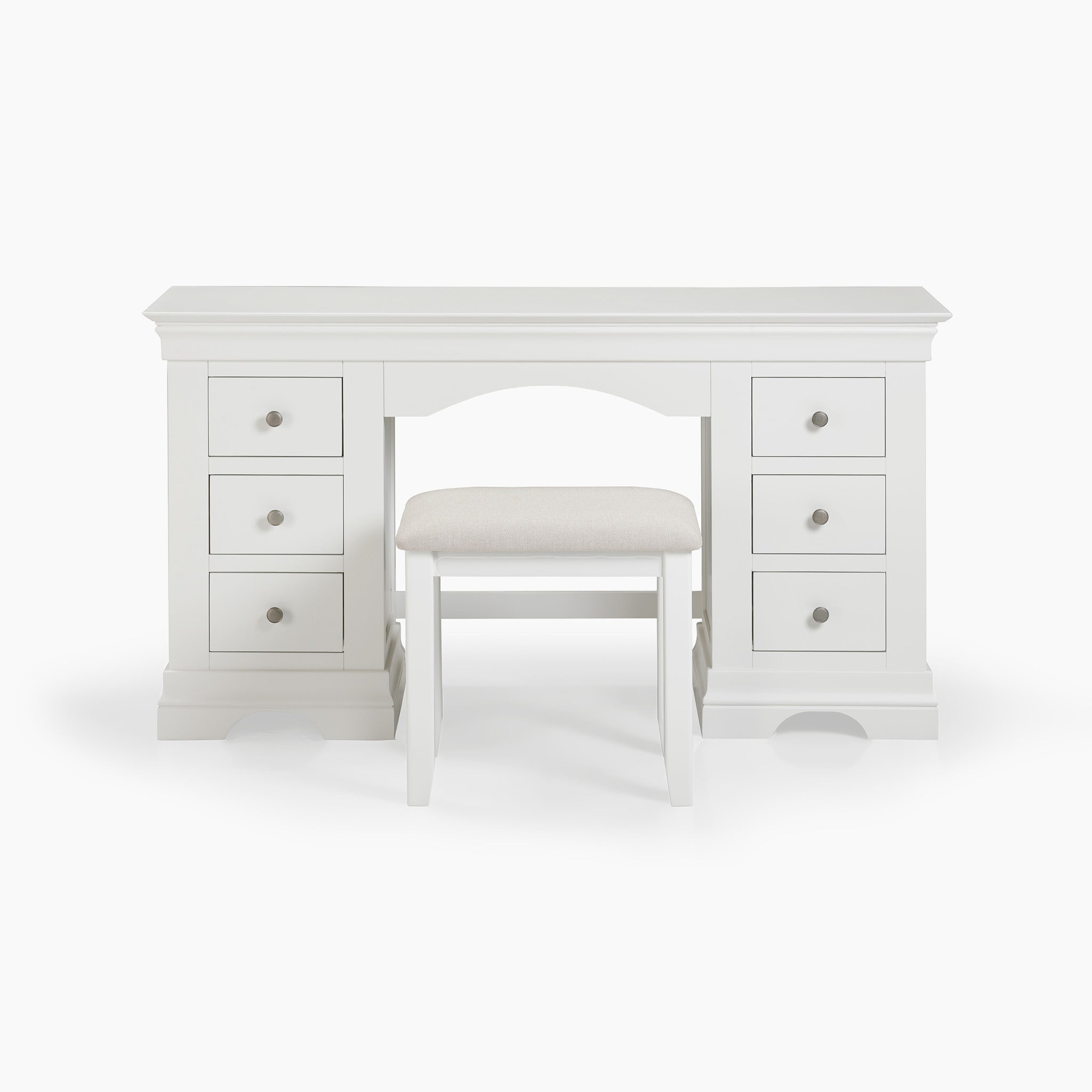 The Chalbury Dressing Table with Drawers in Warm White includes six spacious drawers and a comfortable padded stool, presented against a plain background.