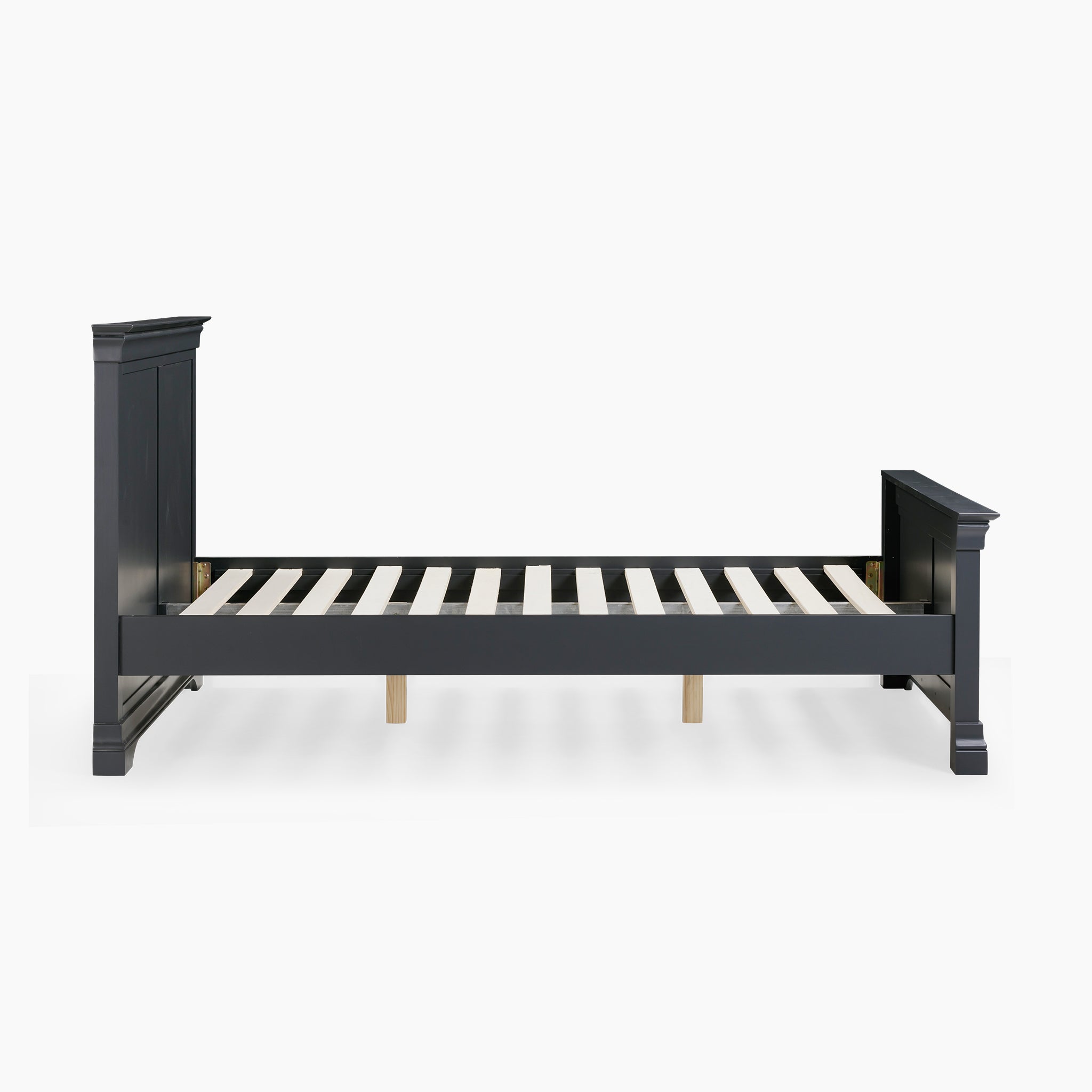 The Chalbury 5ft High-End Kingsize Bed Frame in Dusky Black exudes modern elegance with its sleek finish. This bed frame, complete with a slatted base, tall headboard, and footboard, makes a striking statement against the white background.