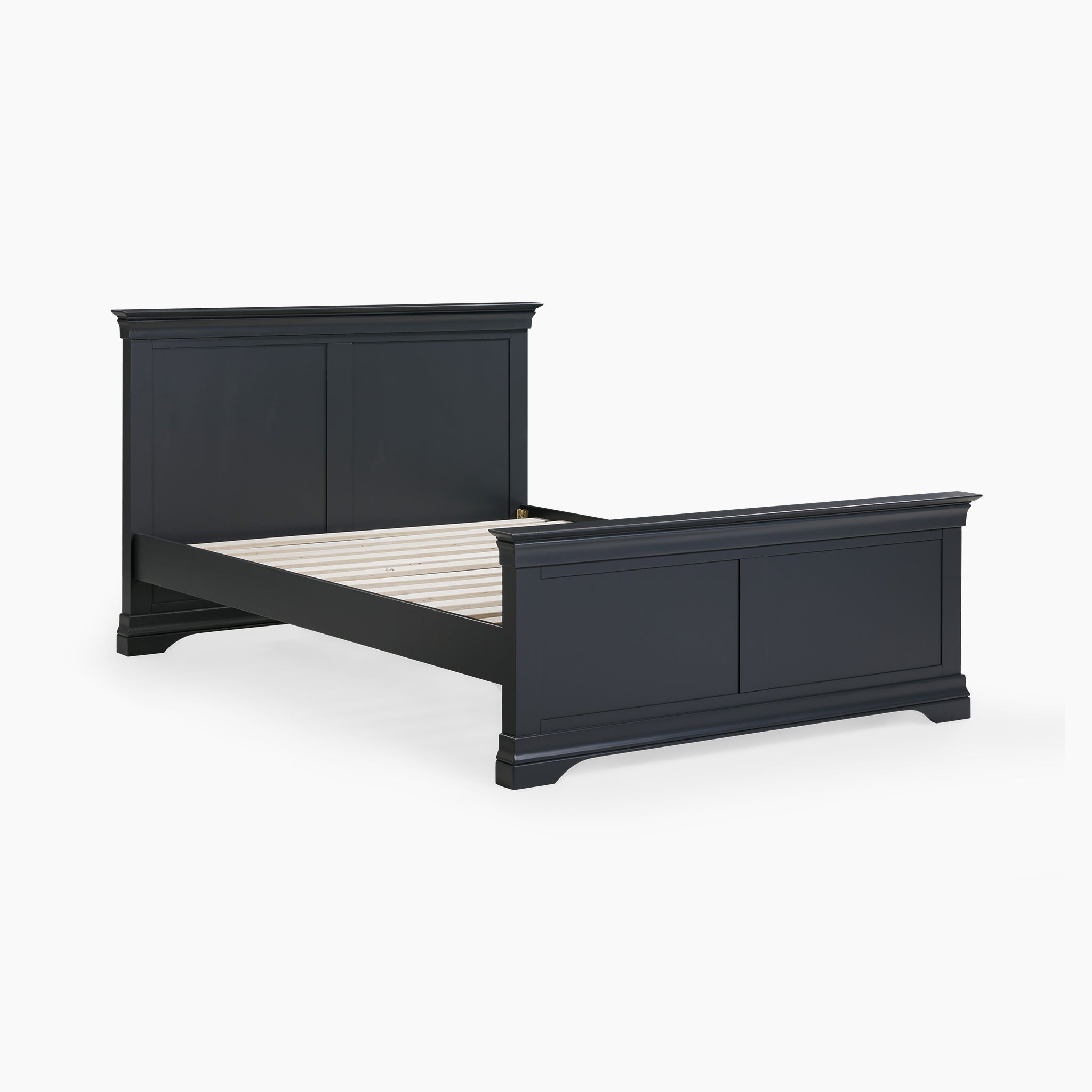 The Chalbury 5ft High-End Kingsize Bed Frame in dusky black exemplifies modern elegance with its sleek wooden design, featuring a stately headboard and footboard, all set against a crisp white background.