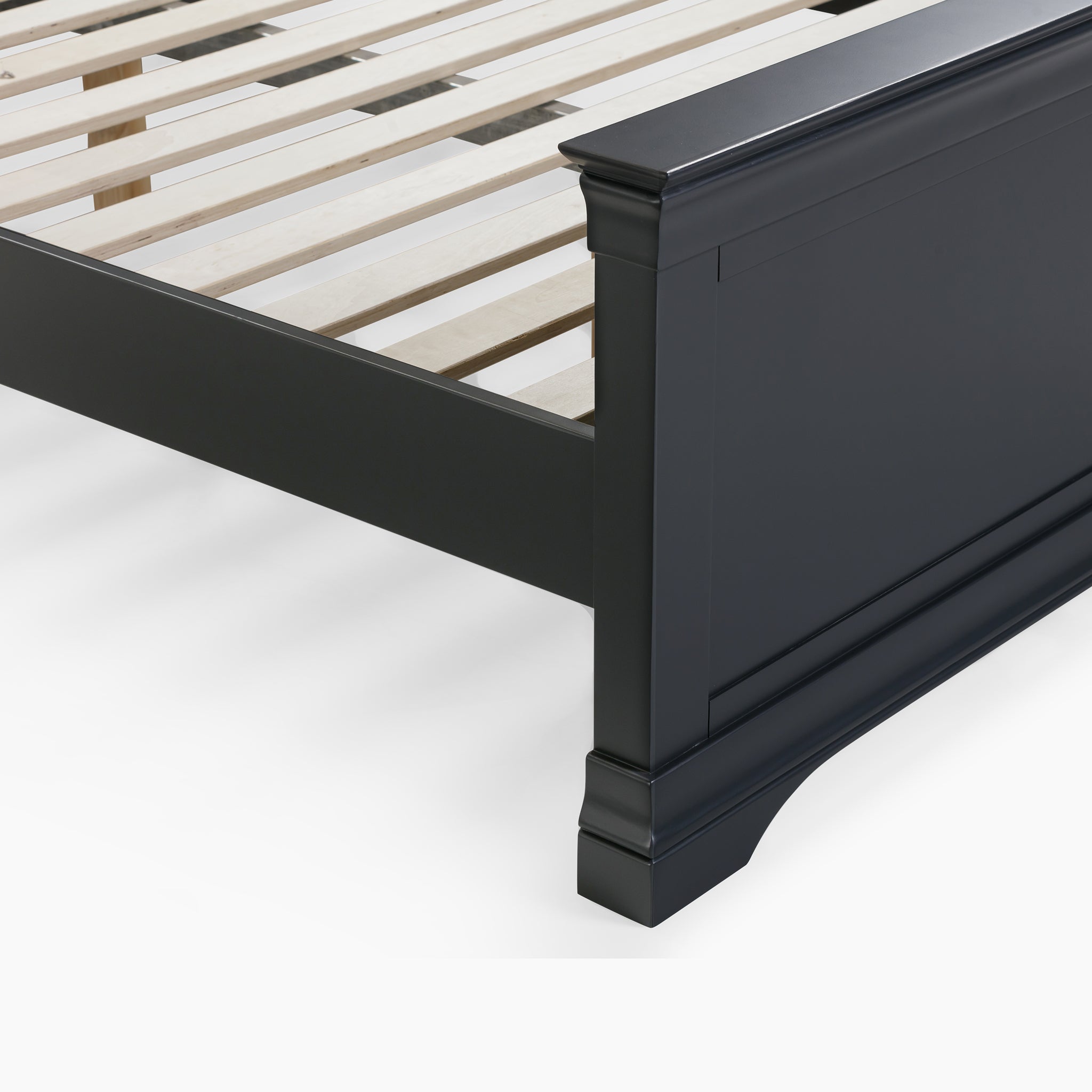 Close-up of the Chalbury 5ft High-End Kingsize Bed Frame in Dusky Black, highlighting slats that exhibit detailed craftsmanship and a fusion of classic design with modern elegance.