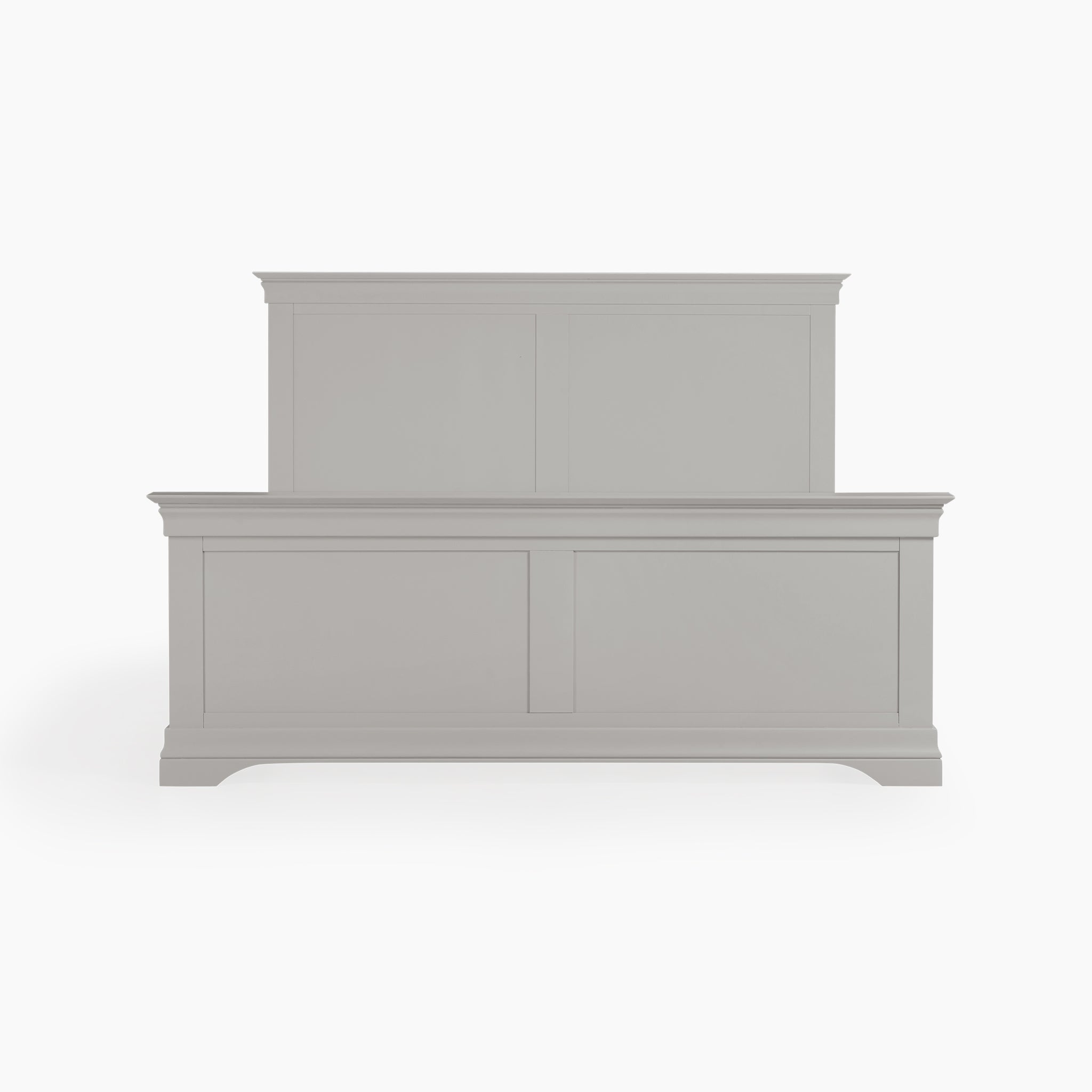 The Chalbury 5ft High-End Kingsize Bed Frame in Pebble Grey features a geometric headboard and footboard against a white backdrop. This contemporary design perfectly combines elegance and simplicity, making it an ideal furniture piece for any modern bedroom.