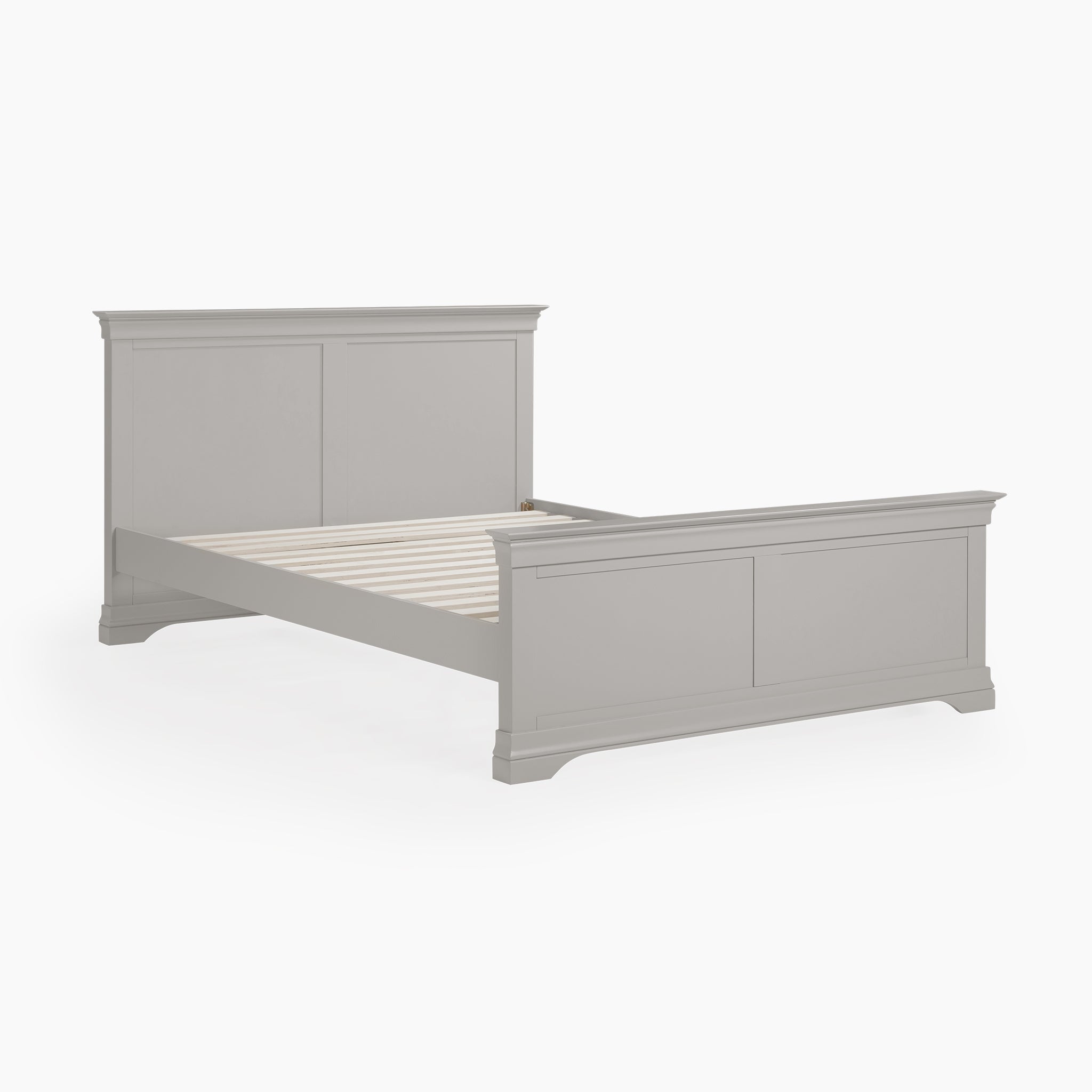 Chalbury 5ft High-End Kingsize Bed Frame in Pebble Grey, featuring a headboard and footboard with a contemporary design set against a white background.