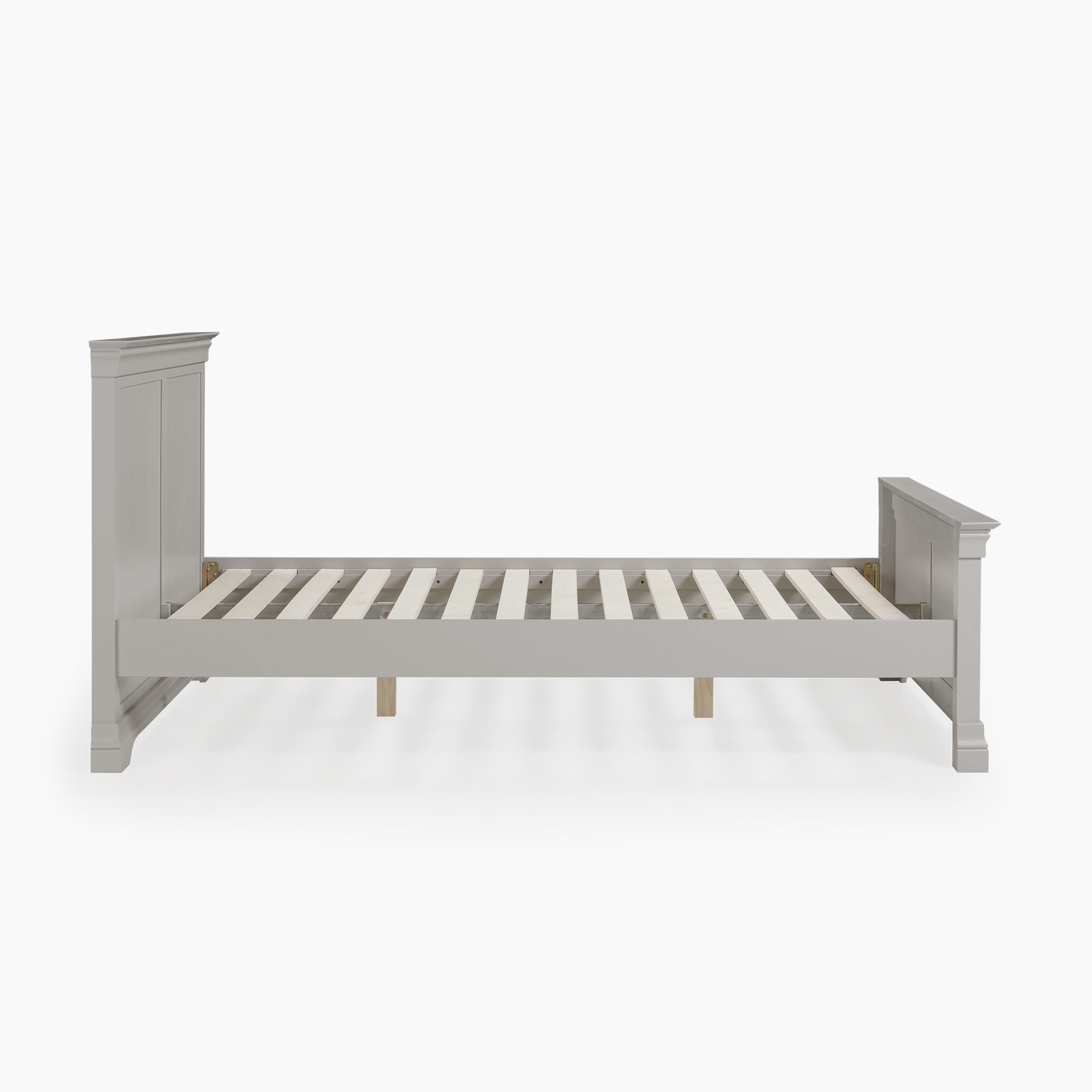 Elegant and minimalist, the Chalbury 5ft High-End Kingsize Bed Frame in Pebble Grey features a slatted base, headboard, and footboard, beautifully contrasting against a white background.