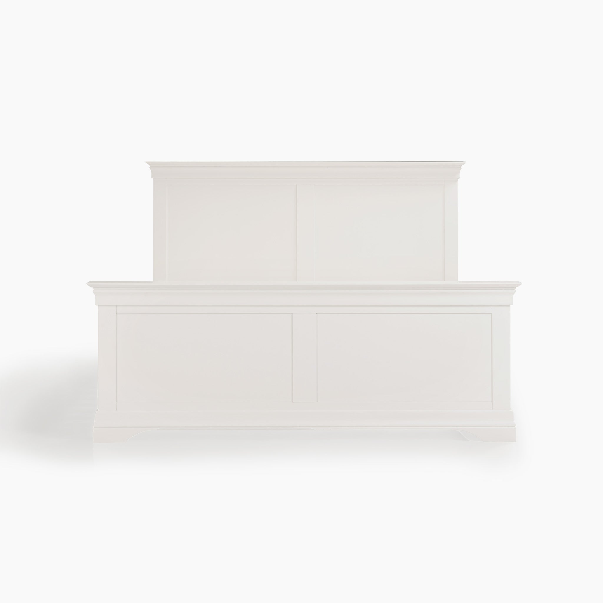 The Chalbury 5ft High-End Kingsize Bed Frame in Warm White boasts a white wooden panel design with a tall headboard, showcasing simple elegance.