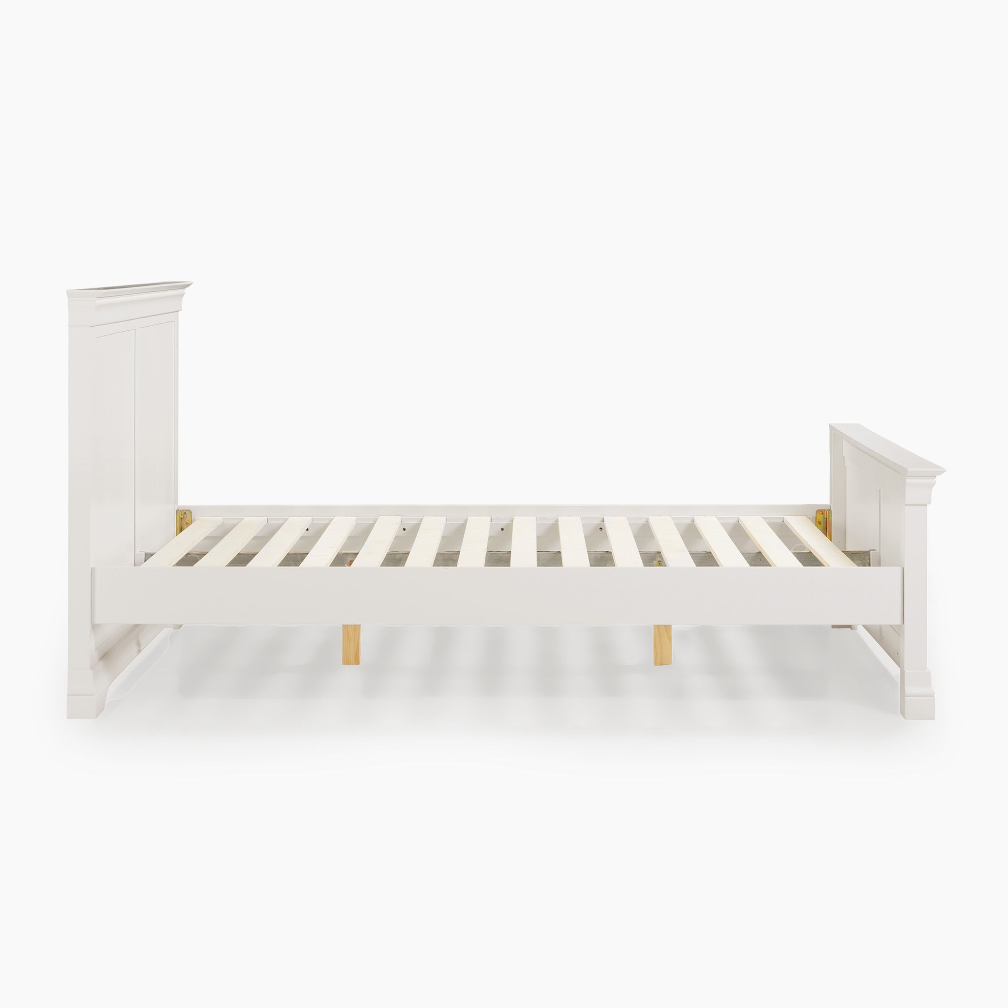 The Chalbury 5ft High-End Kingsize Bed Frame in Warm White features a slatted base, headboard, and footboard. It is elegantly showcased against a plain white background.