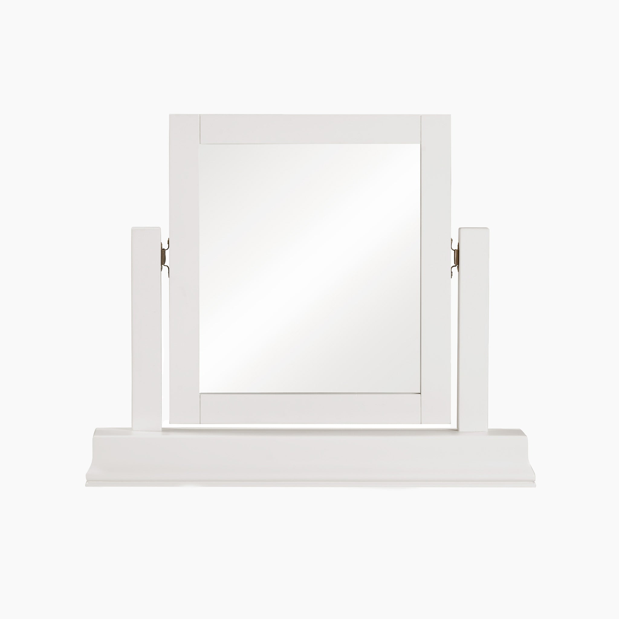 The Chalbury Mirror in Warm White is a rectangular tabletop mirror with a tilting frame and a minimalist base, showcasing contemporary design.