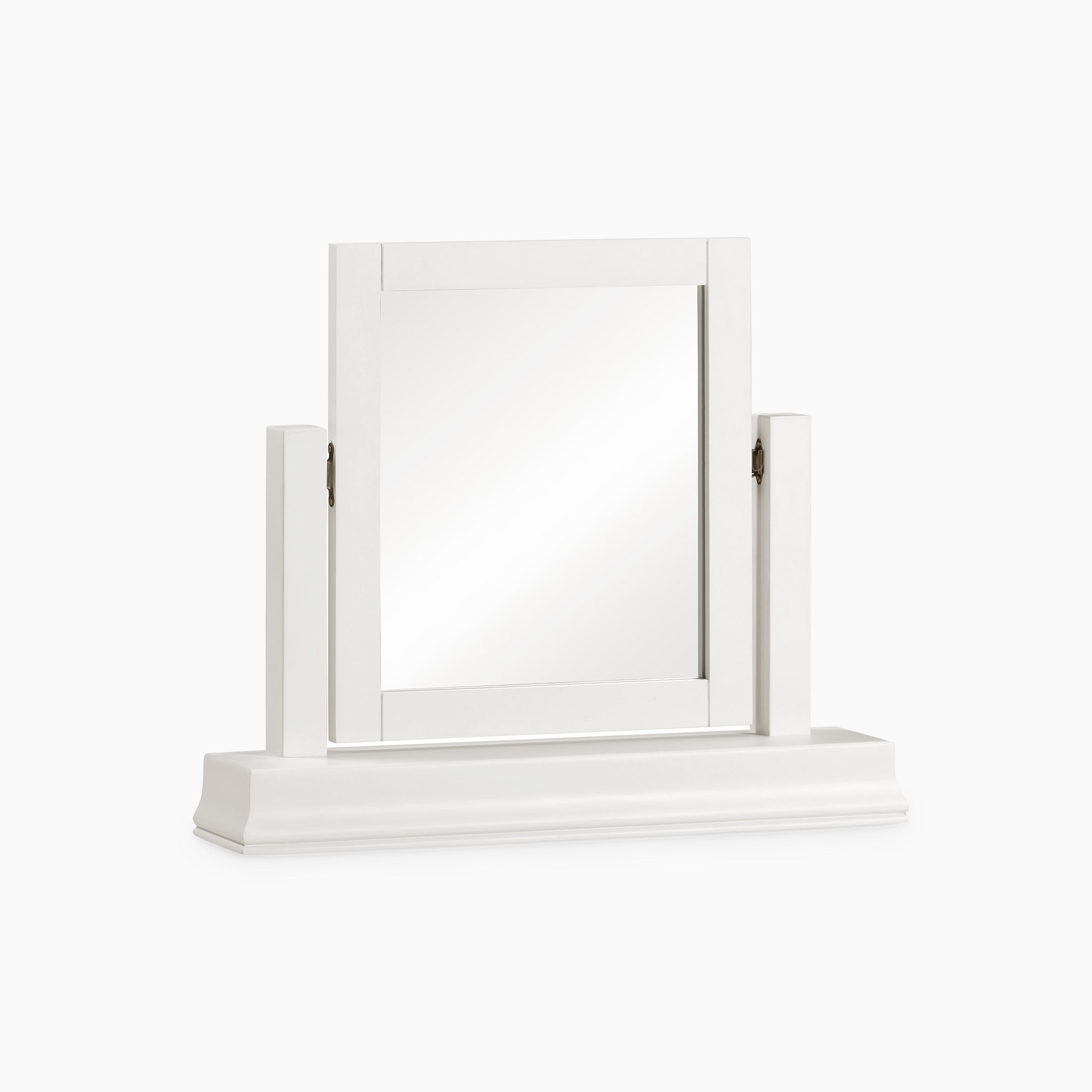 The Chalbury Mirror in Warm White combines modern design with practicality, featuring a white rectangular tabletop mirror. It boasts a minimalist frame and a supportive base with a warm white finish, effortlessly merging style and functionality.