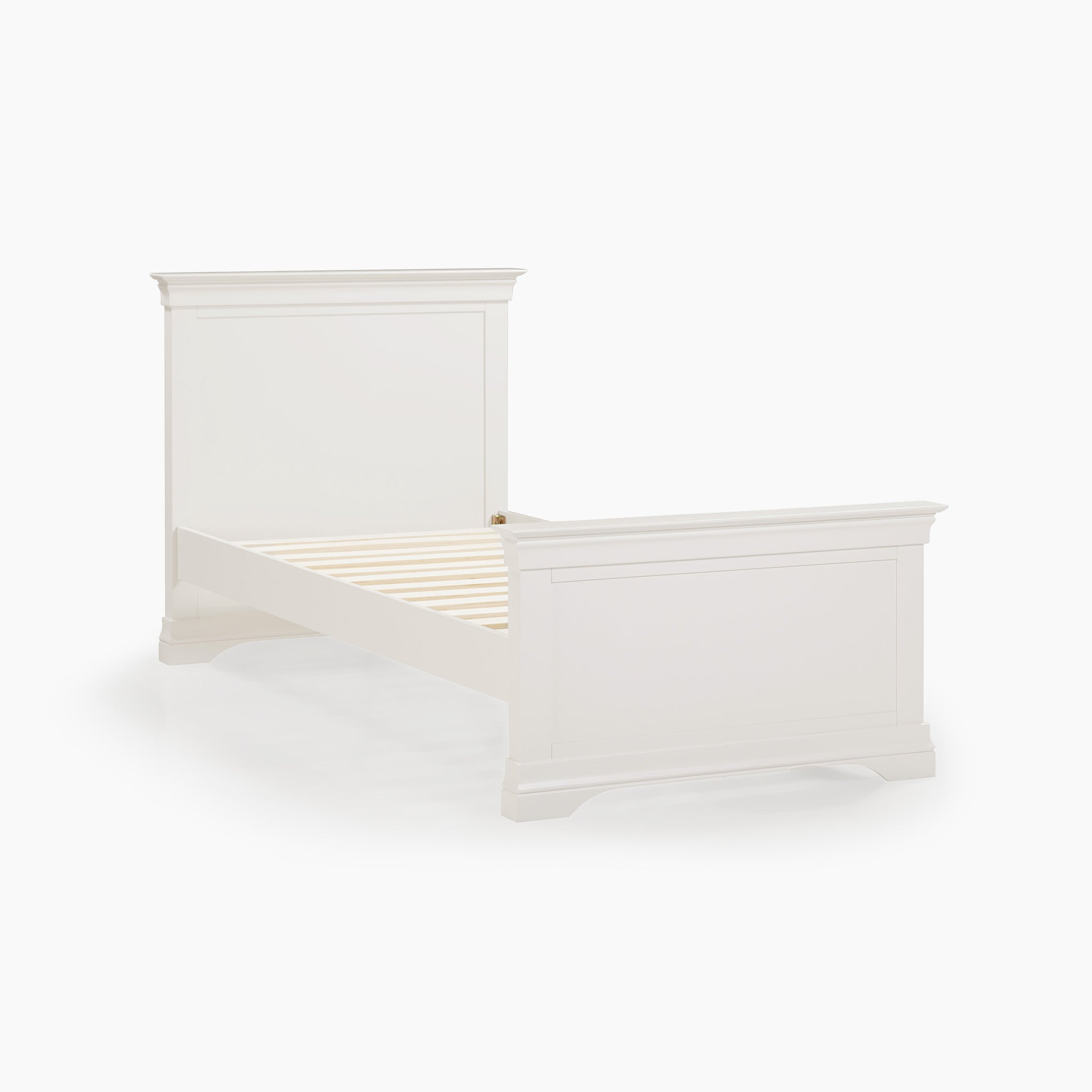 The Chalbury 3ft High-End Single Bed Frame in Warm White showcases a wooden design with a slatted base and paneled headboard and footboard, all highlighted against a pristine white background.