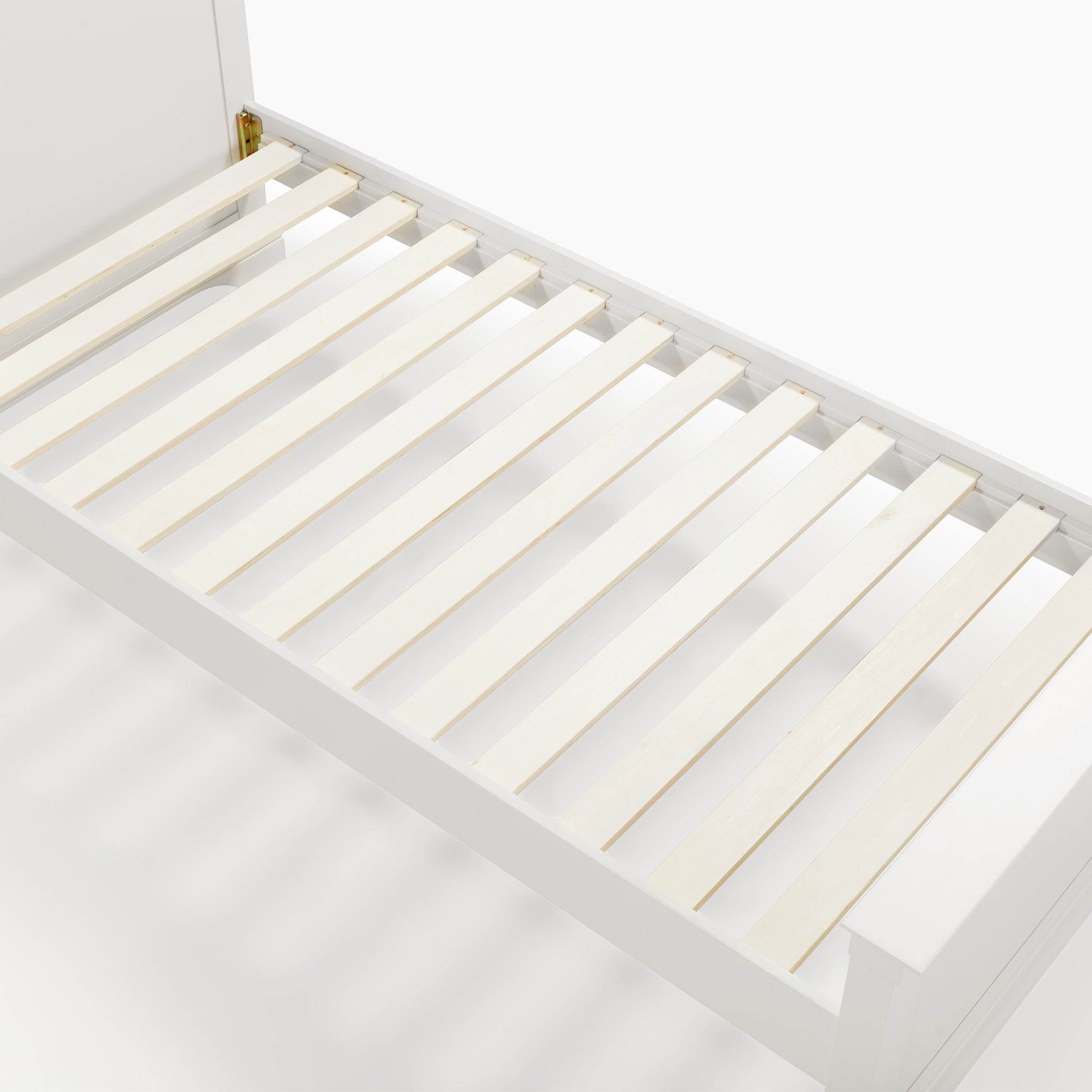 The Chalbury 3ft High-End Single Bed Frame in Warm White, constructed from solid oak, boasts a slatted base and is depicted partially assembled against a white background.