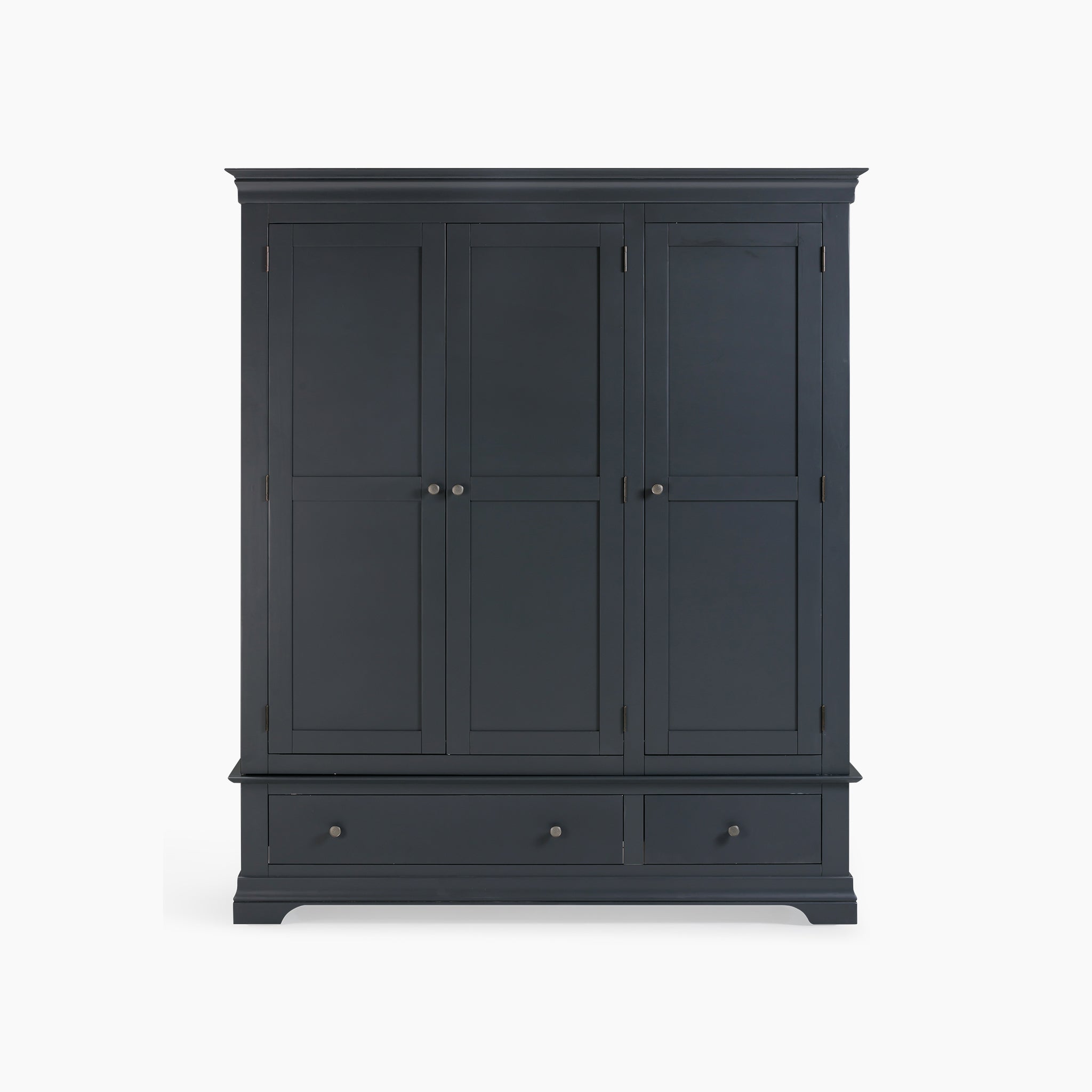 The Chalbury Triple Wardrobe in Dusky Black boasts a sleek contemporary design with three doors and two drawers, all complemented by a sharp white background.