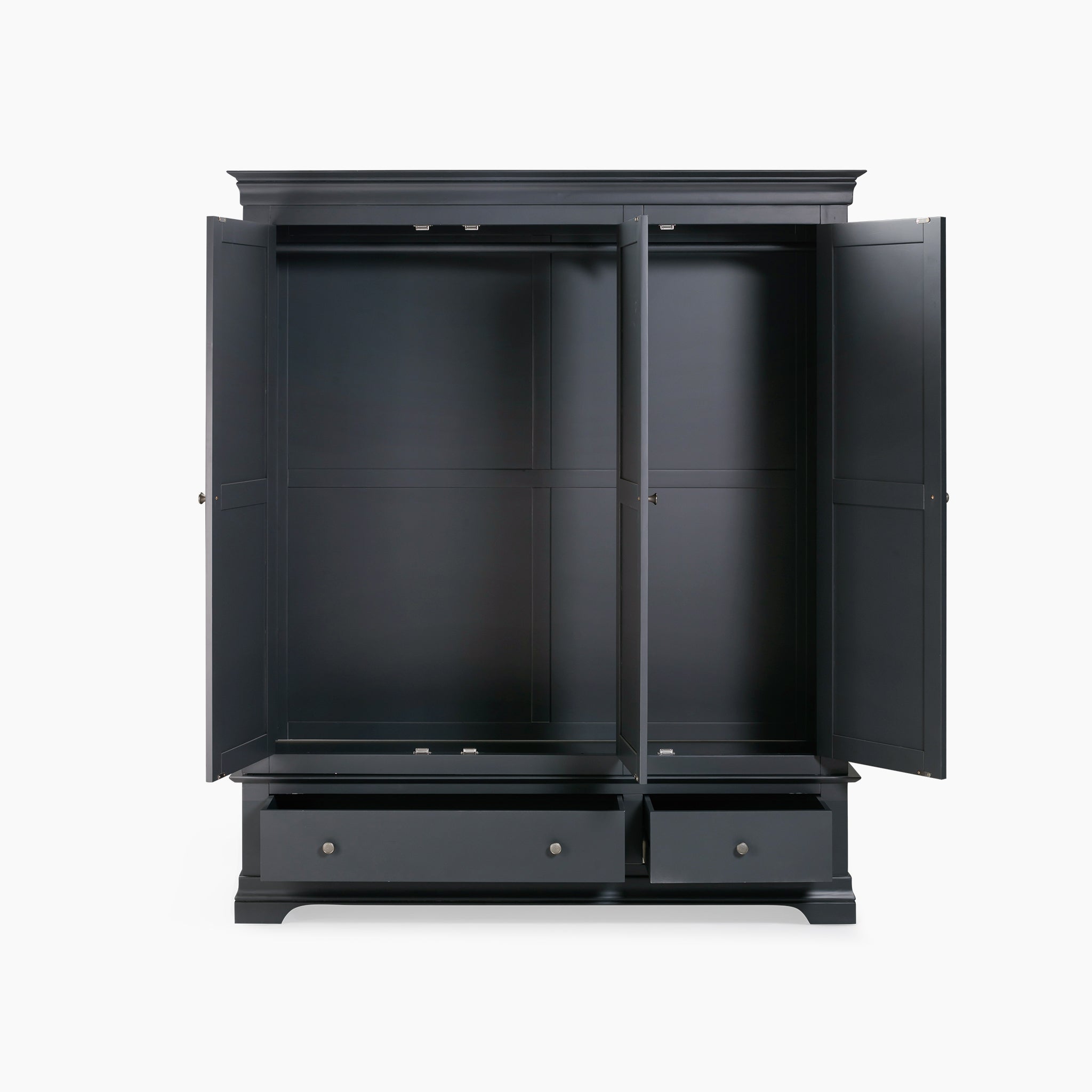 The Chalbury Triple Wardrobe in Dusky Black showcases a modern style with two doors and two bottom drawers, highlighted by a clean white backdrop.