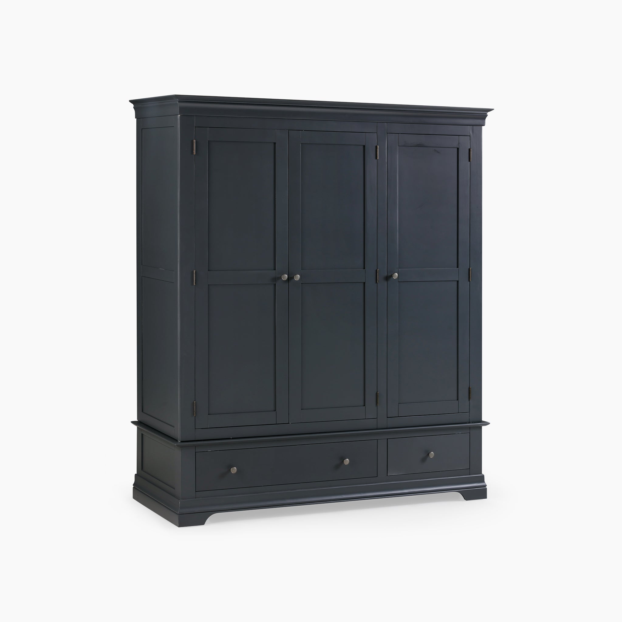 The Chalbury Triple Wardrobe in Dusky Black presents a modern style with three doors and two lower drawers set against a clean white backdrop.