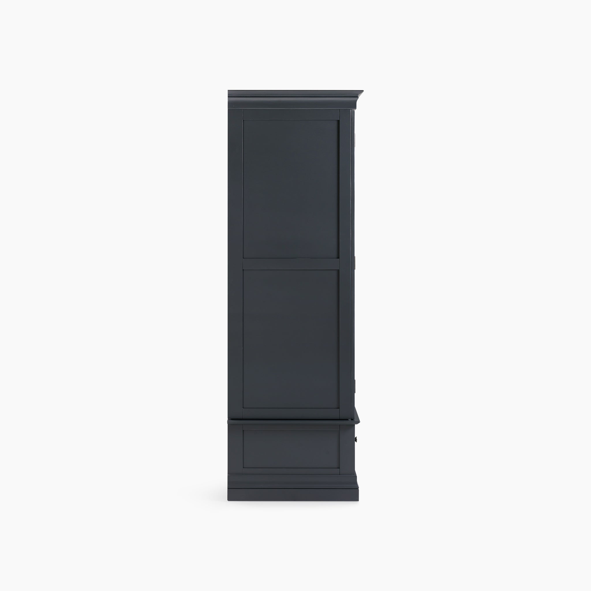 The Chalbury Triple Wardrobe in Dusky Black, featuring a minimalist design and photographed against a plain white background, captures the essence of contemporary style.