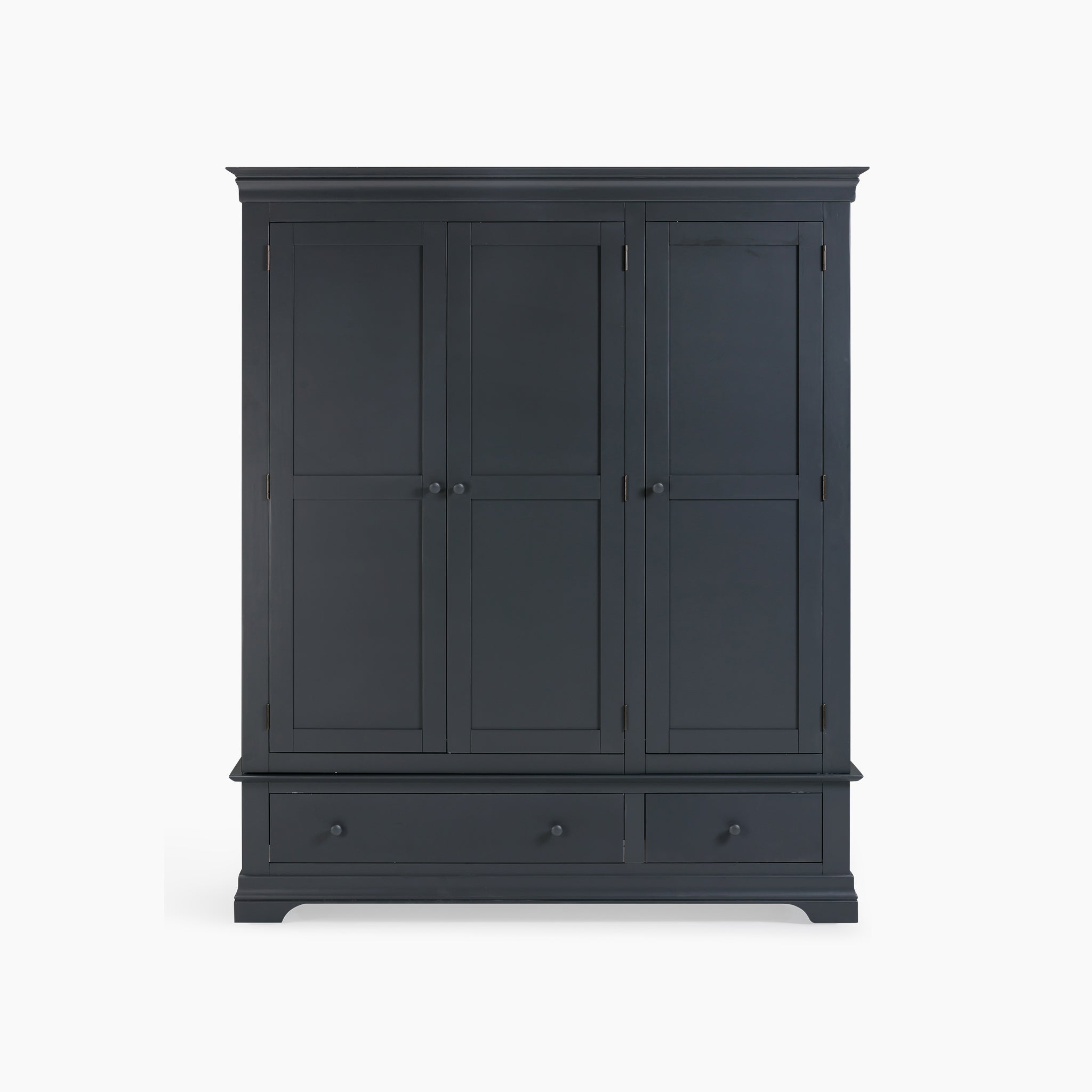 The Chalbury Triple Wardrobe in Dusky Black features a modern design with a dusky black finish. This dark wooden piece includes three doors and two drawers at the bottom, set against a clean white backdrop.