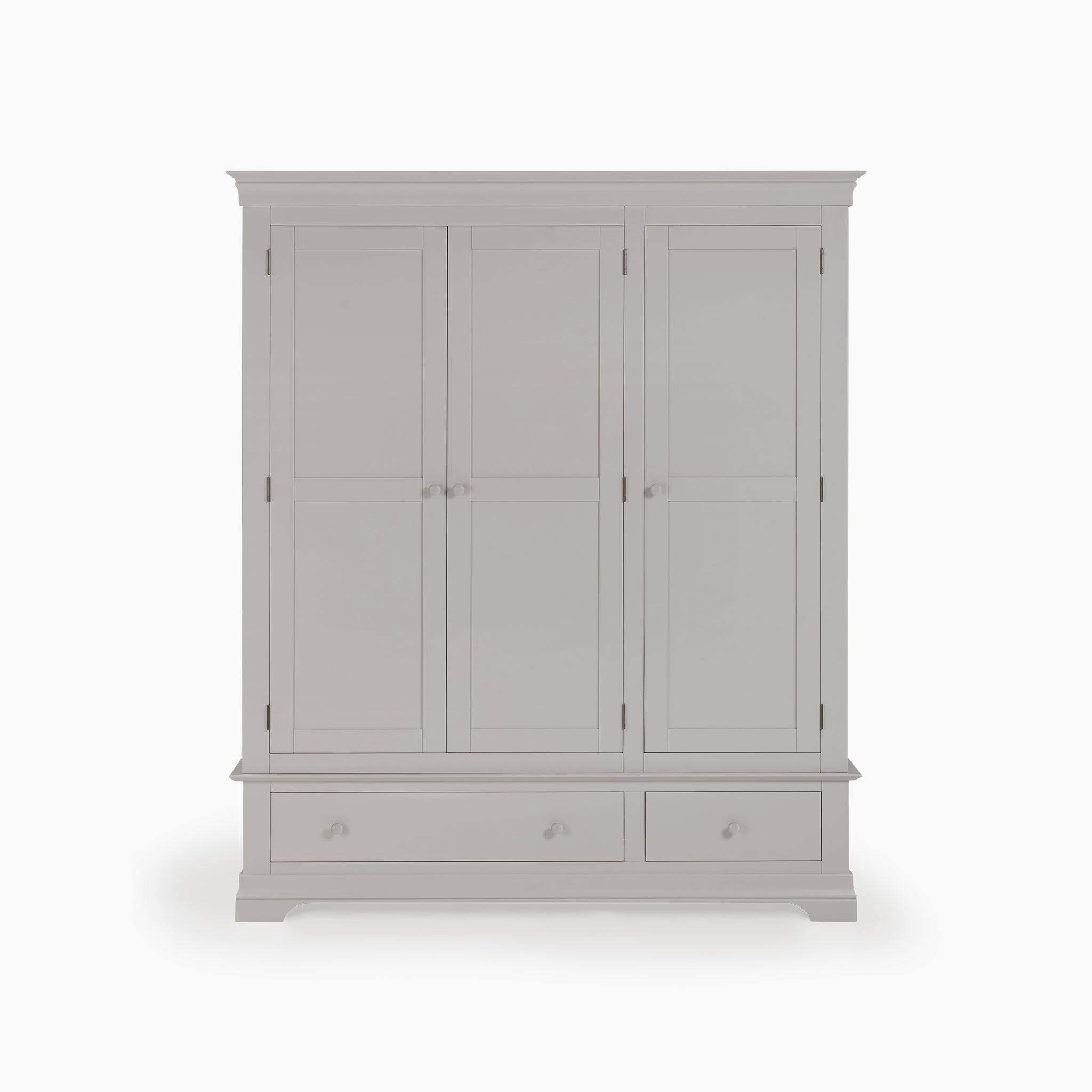 The Chalbury Triple Wardrobe in Pebble Grey is crafted from solid oak and features three doors alongside two drawers, all set against its sleek pebbled grey design.