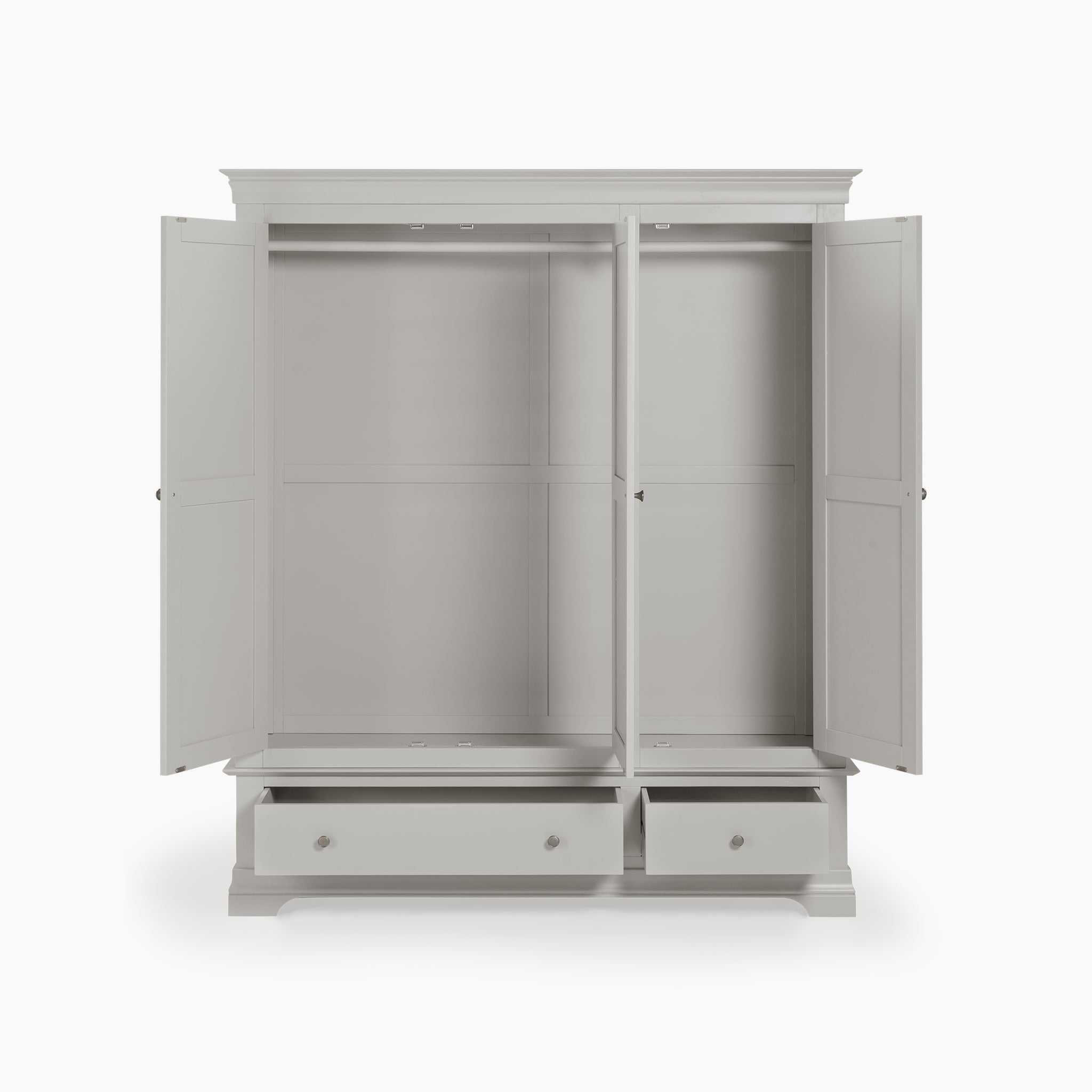 Chalbury Triple Wardrobe in Pebble Grey with open white doors and two bottom drawers, all empty.