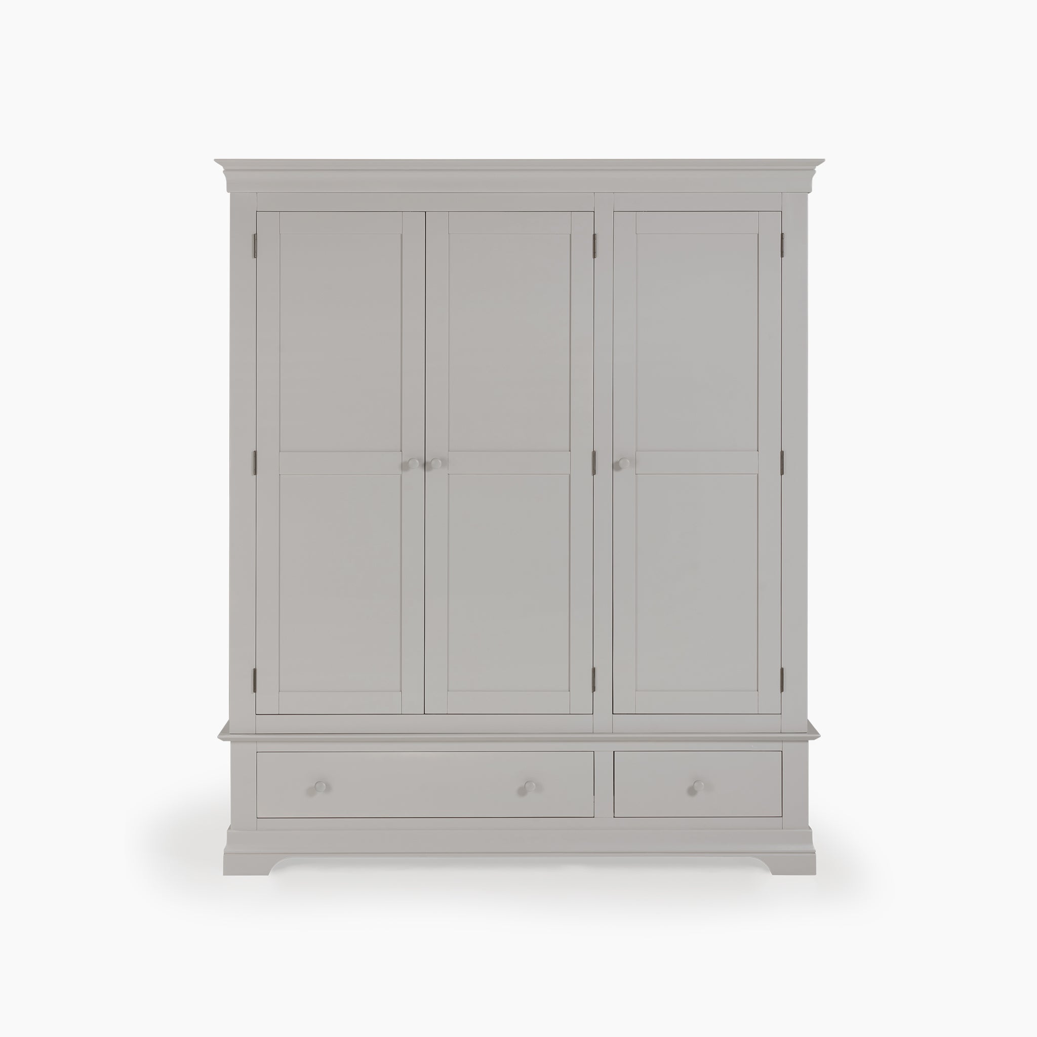 The Chalbury Triple Wardrobe in Pebble Grey boasts a solid oak design, complete with three doors and two spacious drawers at the bottom, all set against a white backdrop.