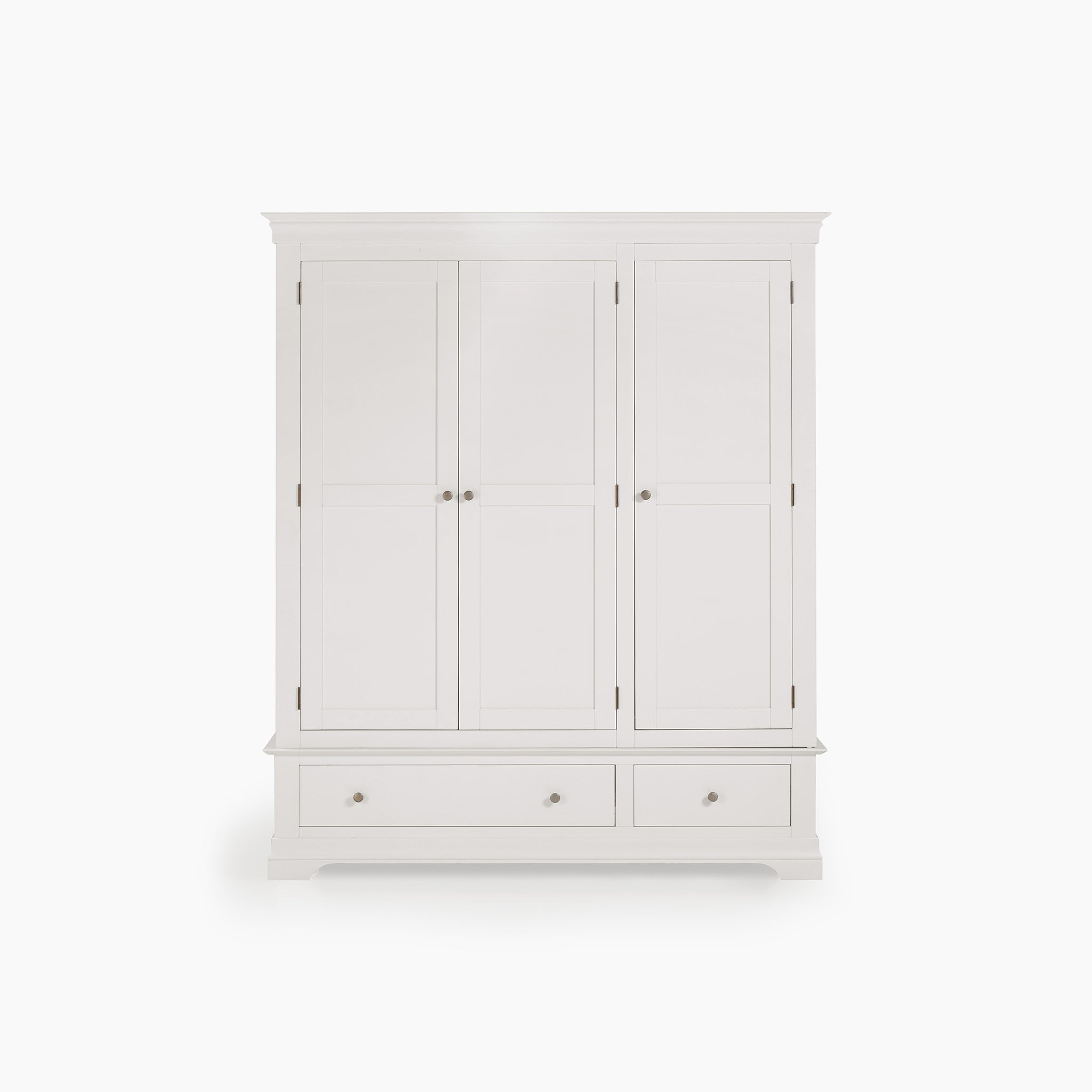 Introducing the Chalbury Triple Wardrobe in Warm White, featuring a contemporary design with three doors and two drawers. Its clean aesthetic is highlighted by stylish round metallic handles, making it an ideal fit for modern interiors.