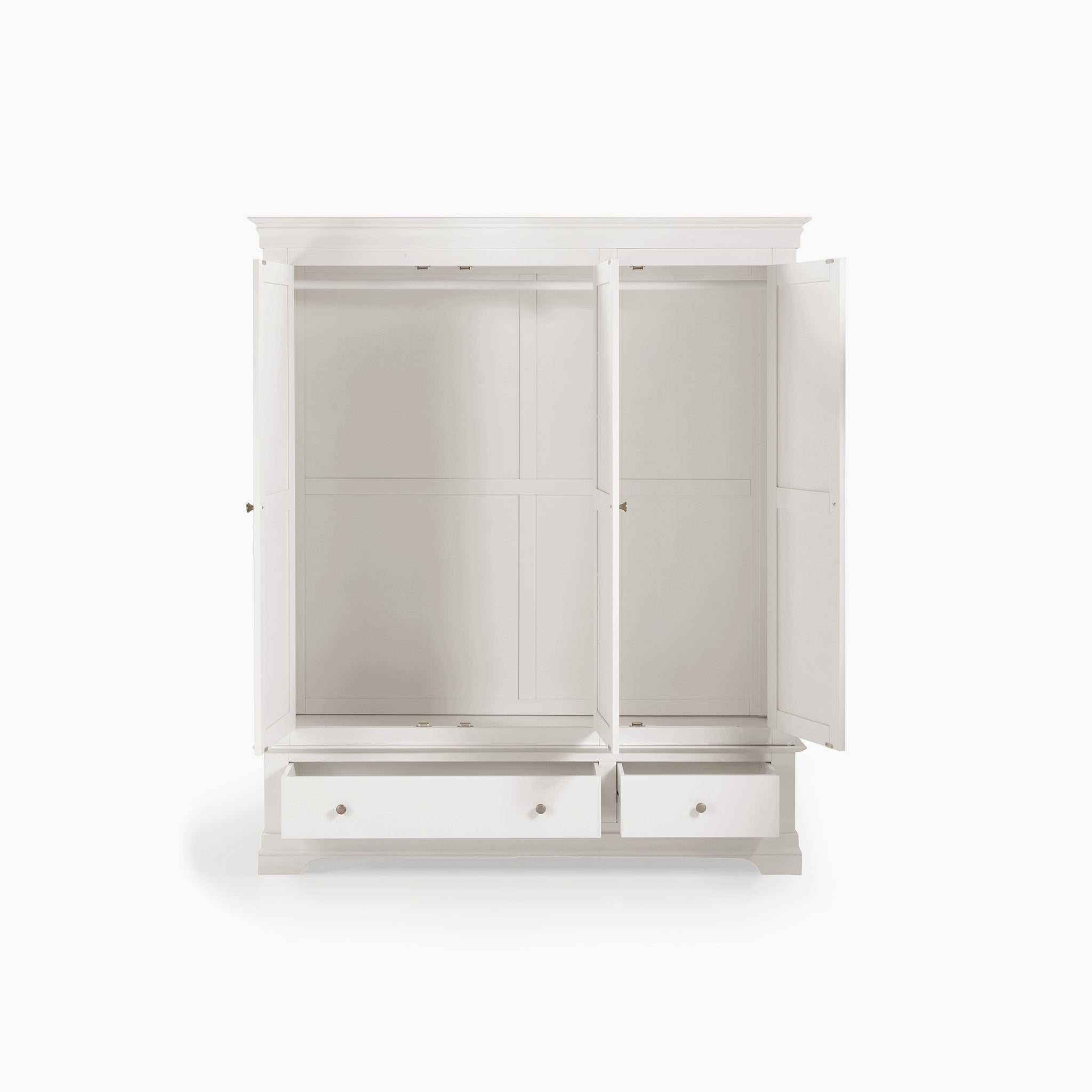 The Chalbury Triple Wardrobe in Warm White showcases a modern design, complete with open doors and two roomy drawers at the bottom, set against a plain background.