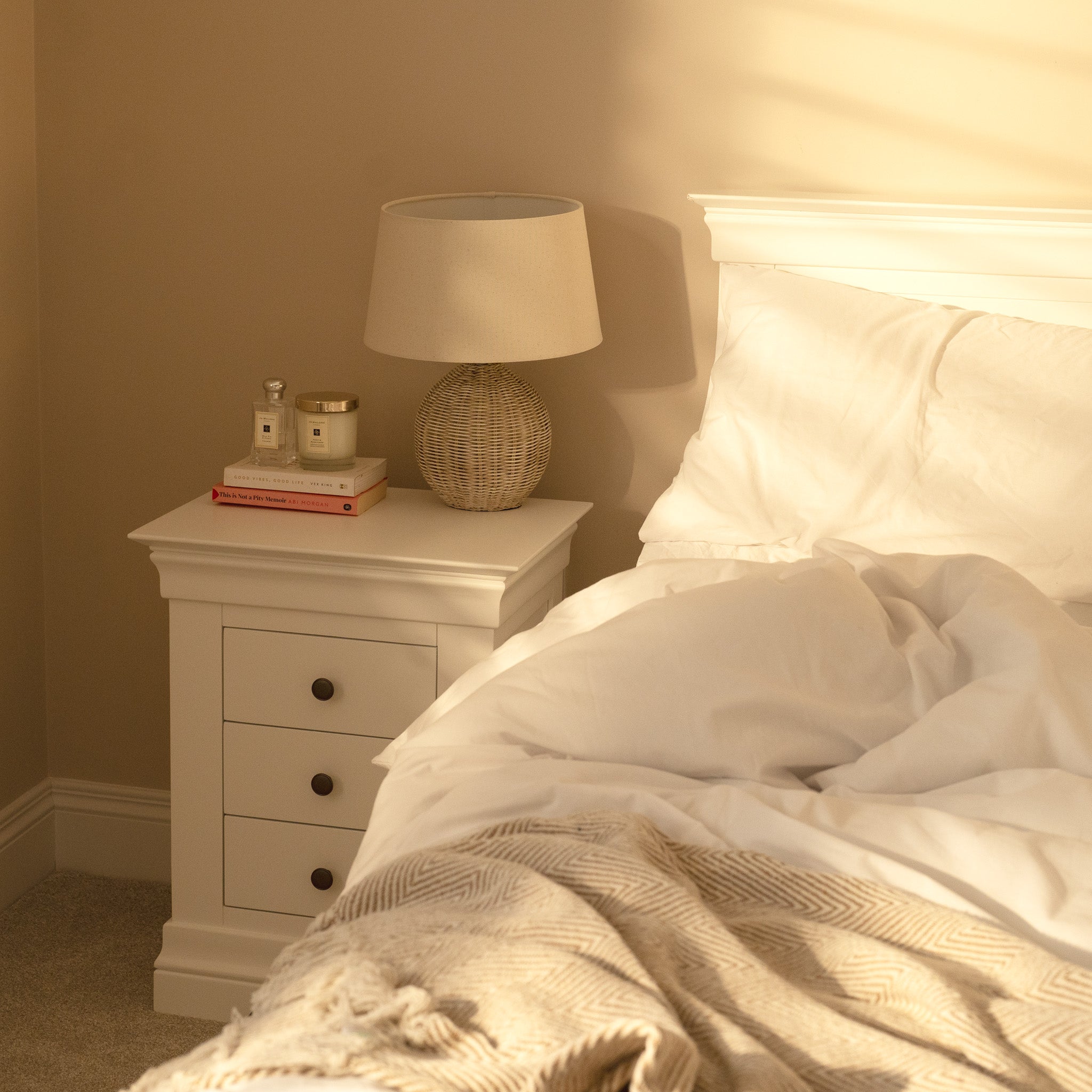 Chalbury 3 Drawer Bedside Table in Warm White