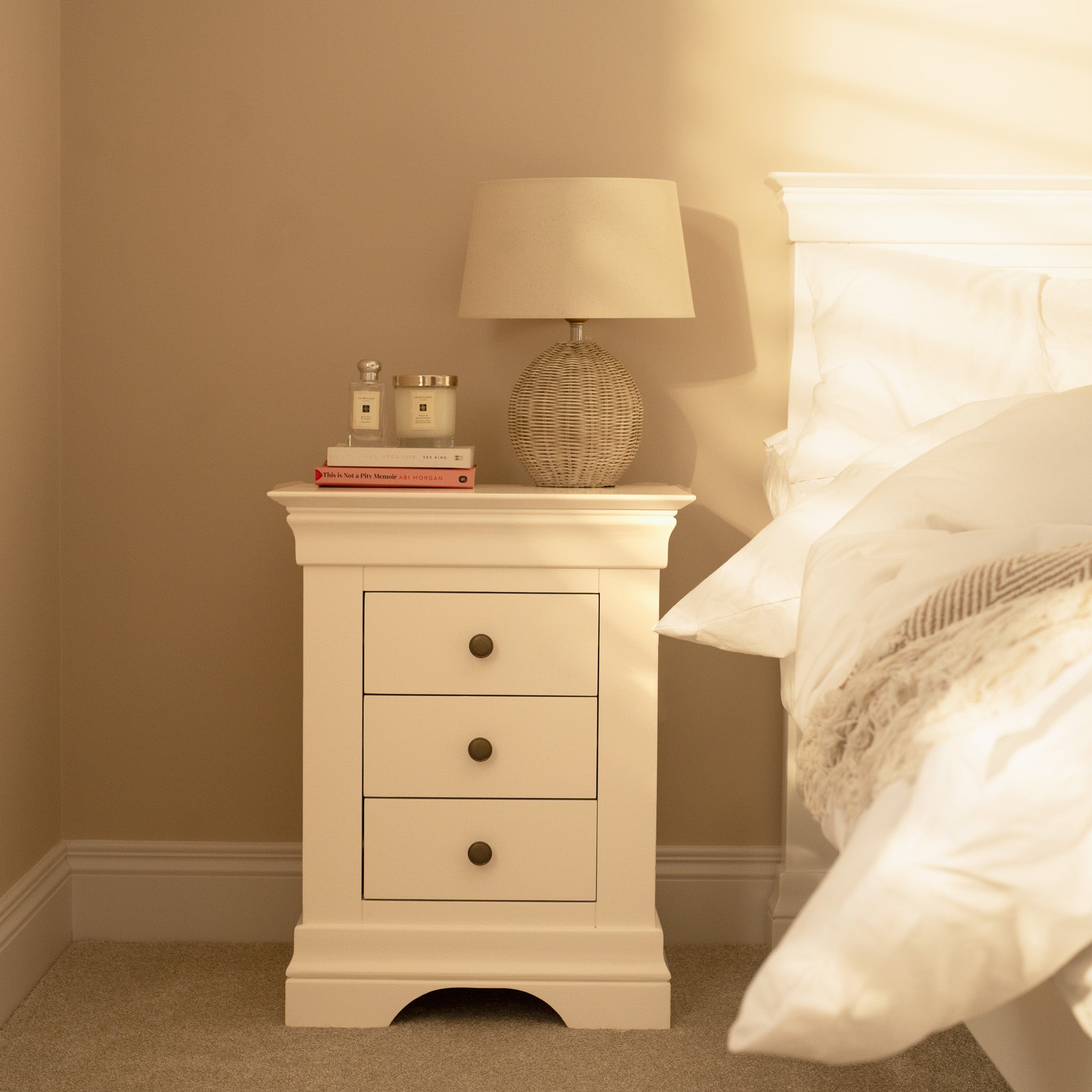 Chalbury 3 Drawer Bedside Table in Warm White