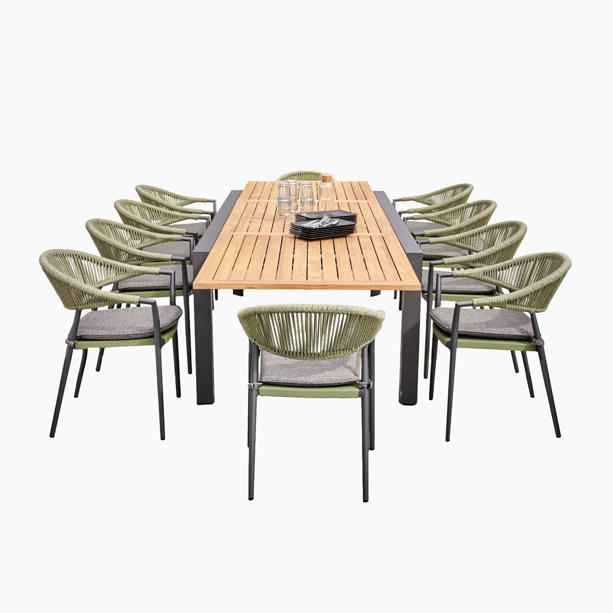 The Cloverly 8 Seat Rectangular Extending Dining Set with Teak Table in Olive Green features a teak table with black legs, surrounded by eight green, rope-woven chairs complete with cushions. This weatherproof furniture ensures durability for your outdoor dining experience.