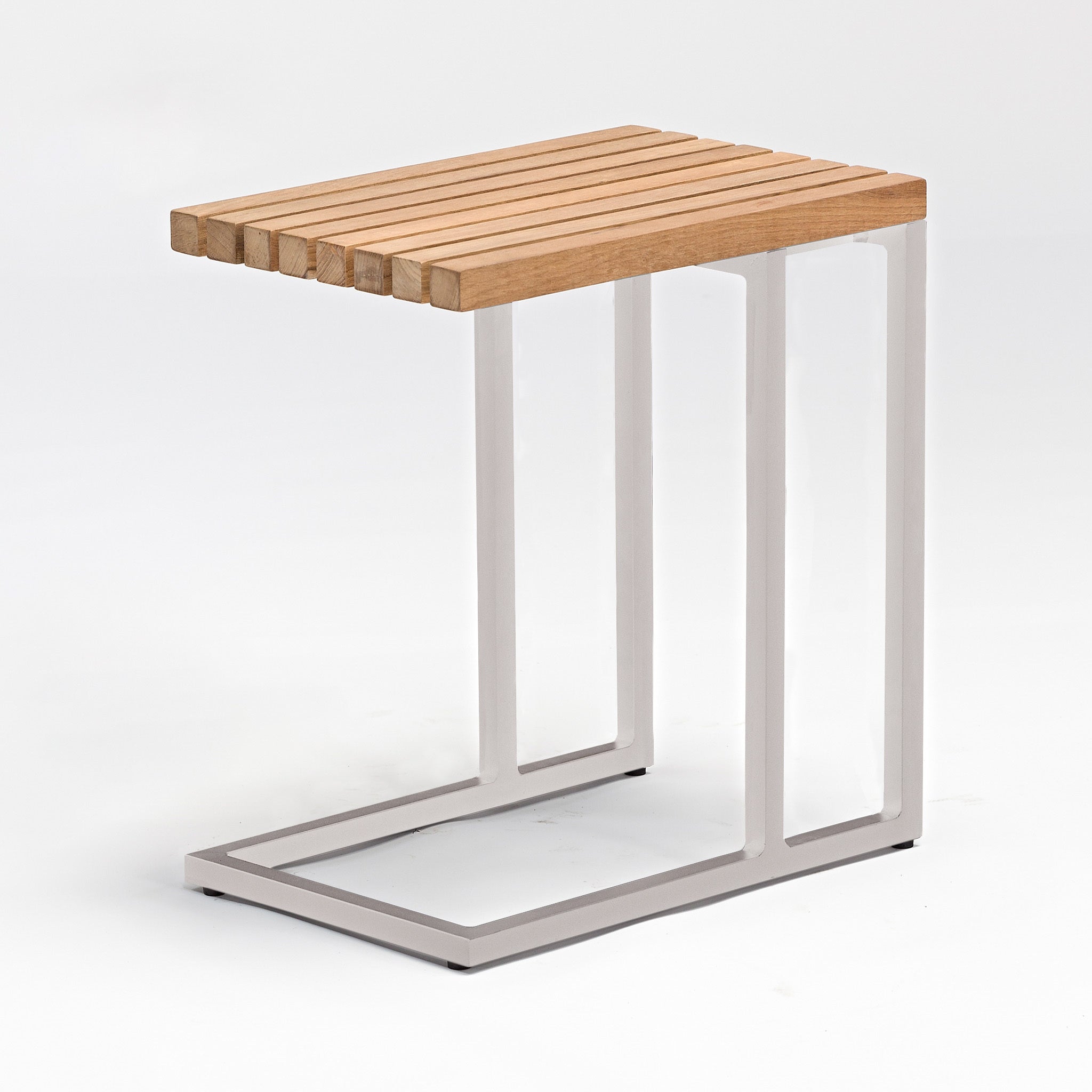 Cube Side Table with Teak Top in Latte, featuring a wooden slatted top and minimalist metal frame, is highlighted against a white background to showcase the durability of its teak shield.