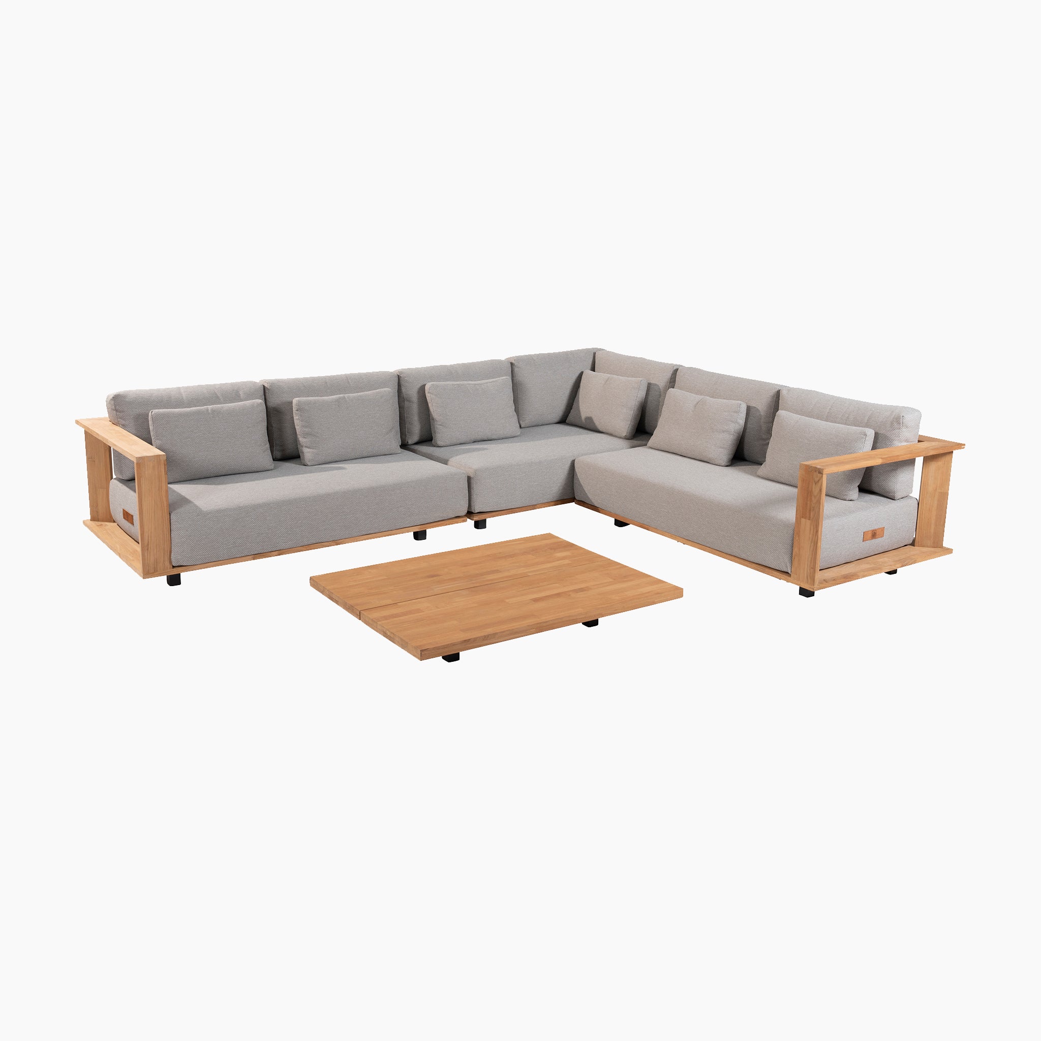 The Eternity Right Hand Teak Corner Group in Light Grey features an L-shaped sectional sofa with extra thick lounge cushions, a sturdy wooden frame, accent pillows, and a matching rectangular coffee table crafted from teak wood.