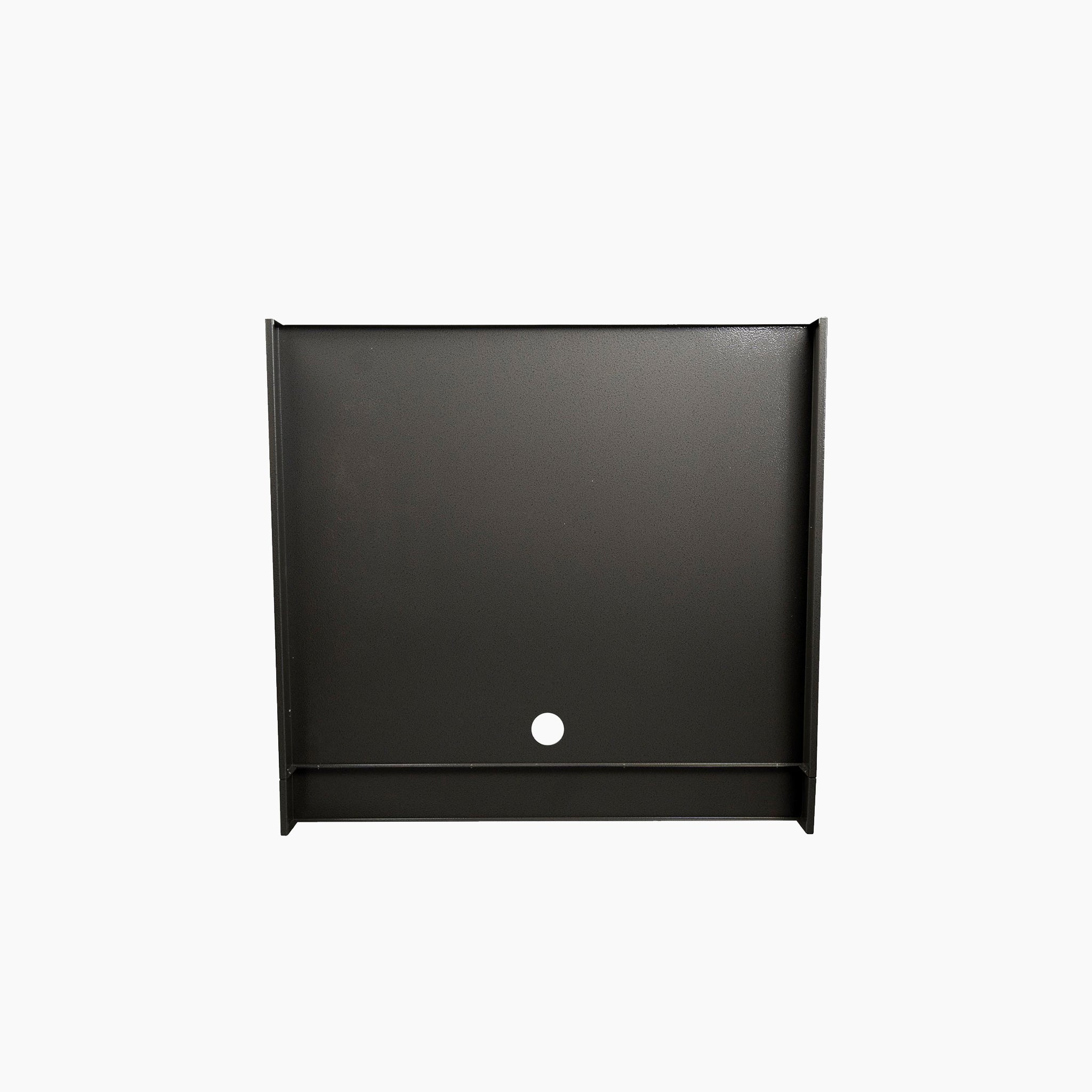 A black, rectangular metal bracket with a central hole, designed for the Napoleon Mid Run Enclosure Kit - Double Fridge, against a plain white background.