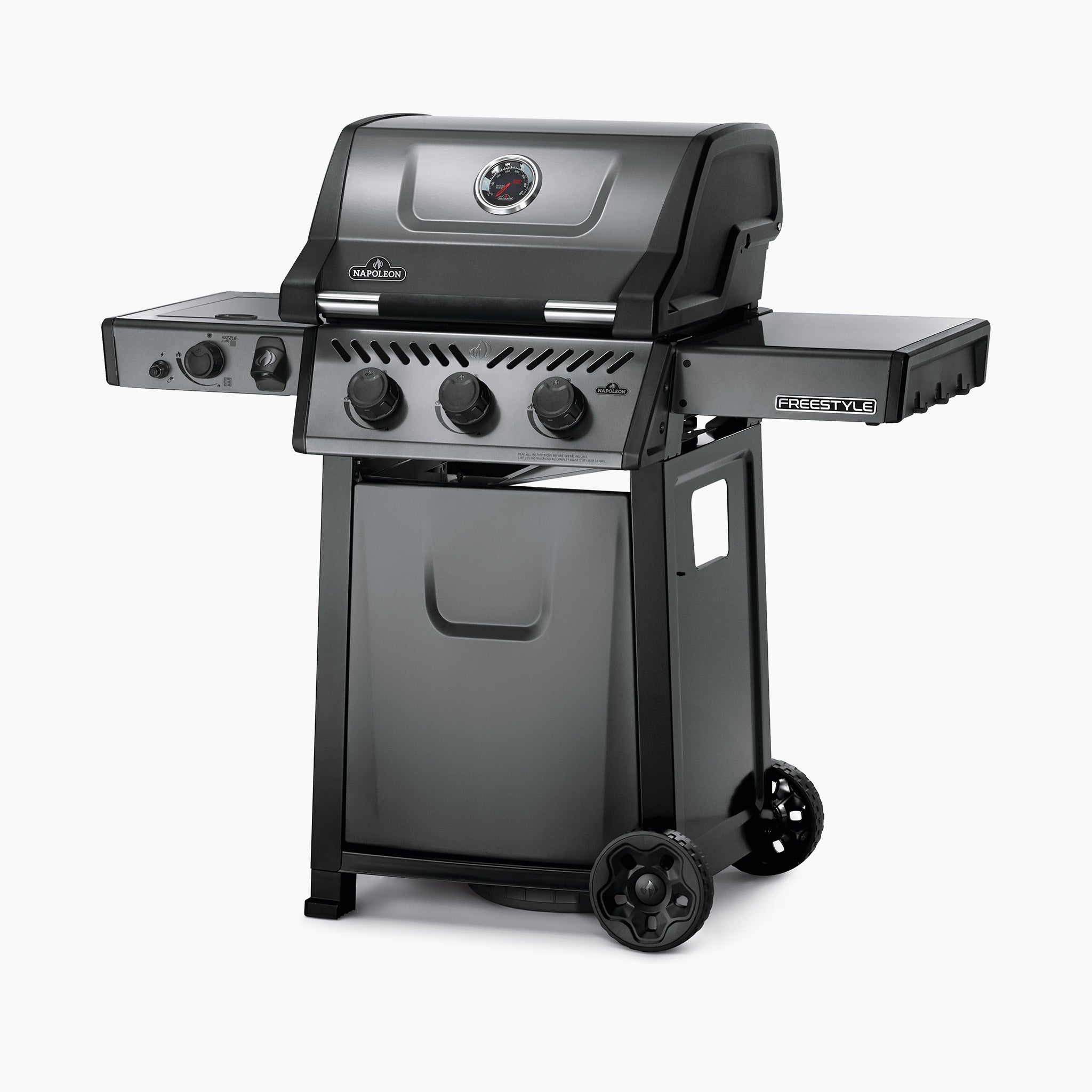 The Napoleon Freestyle 365 SIB Gas Barbecue is a black outdoor gas grill equipped with three control knobs, a closed lid, side shelving for extra space, and wheels for easy mobility. It features an Infrared Side Burner and the JETFIRE ignition system for effortless lighting.