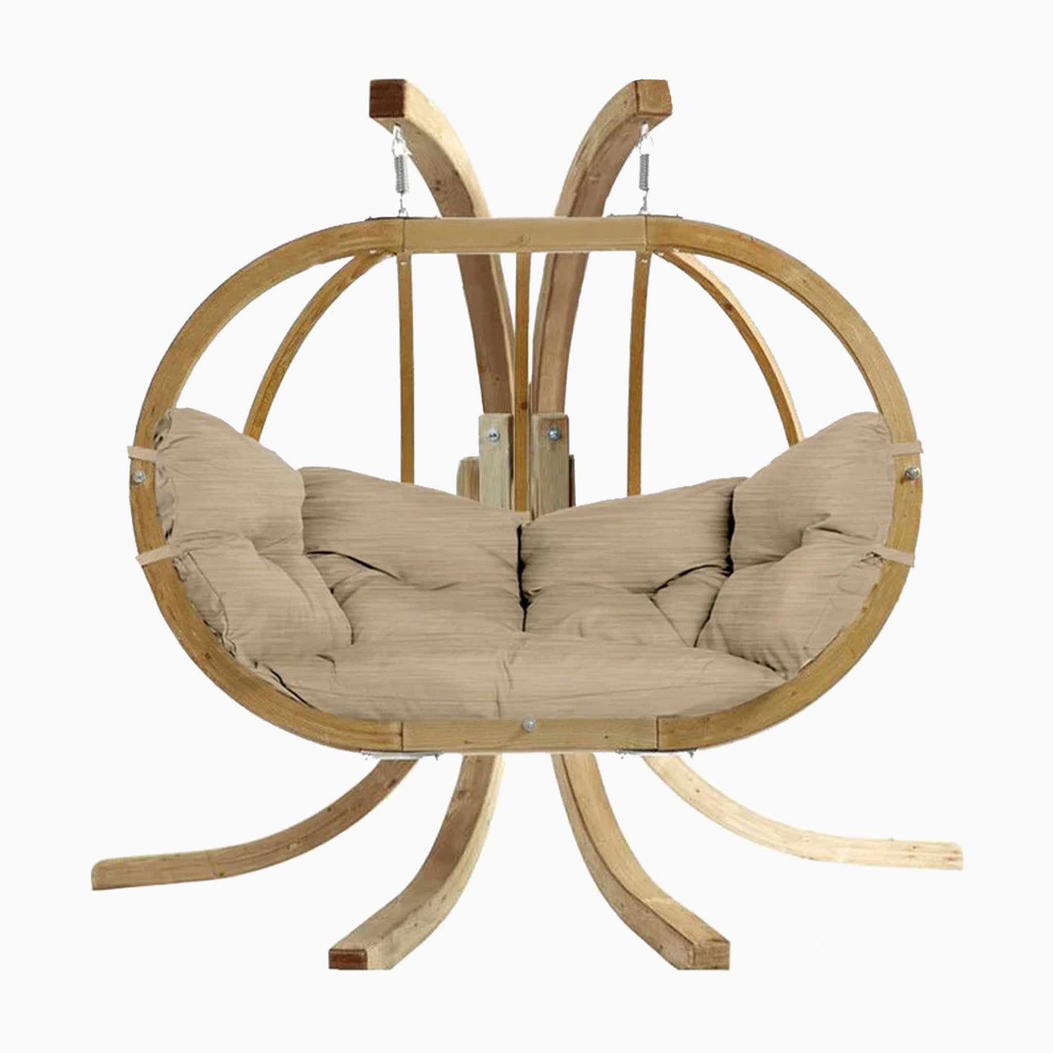 An elegant addition to any space, the Globo Royal Double Seater Hanging Chair Set in Sahara Sand features a circular wooden design with a beige cushion, supported by a curved frame crafted from weatherproof spruce wood and galvanized fixings.