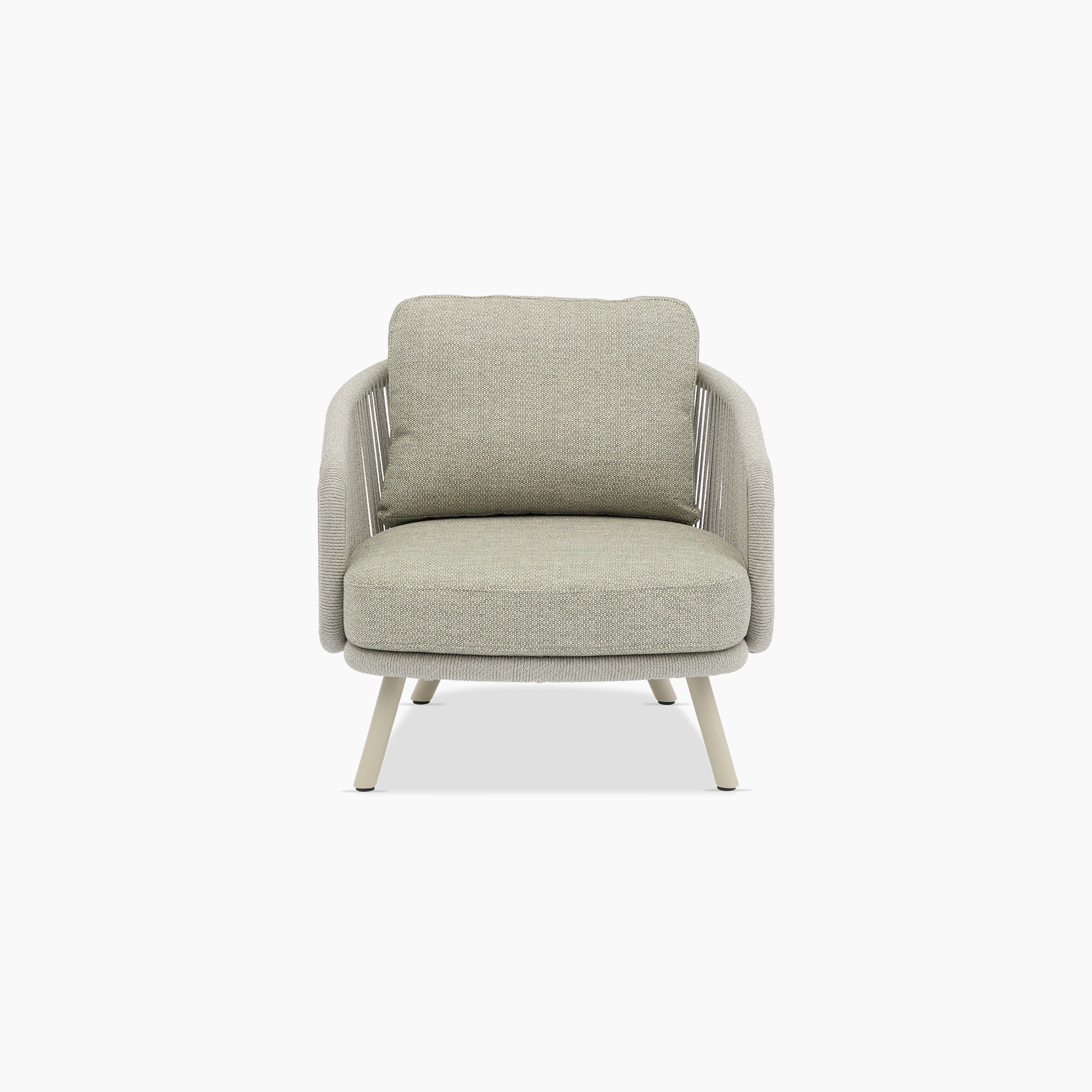 Front view of the Dekota 3 Seat Rope Sofa Set in Fawn, featuring a cushioned seat and backrest made from hydrophobic olefin rope on a powder-coated aluminum frame, all set against a white background.