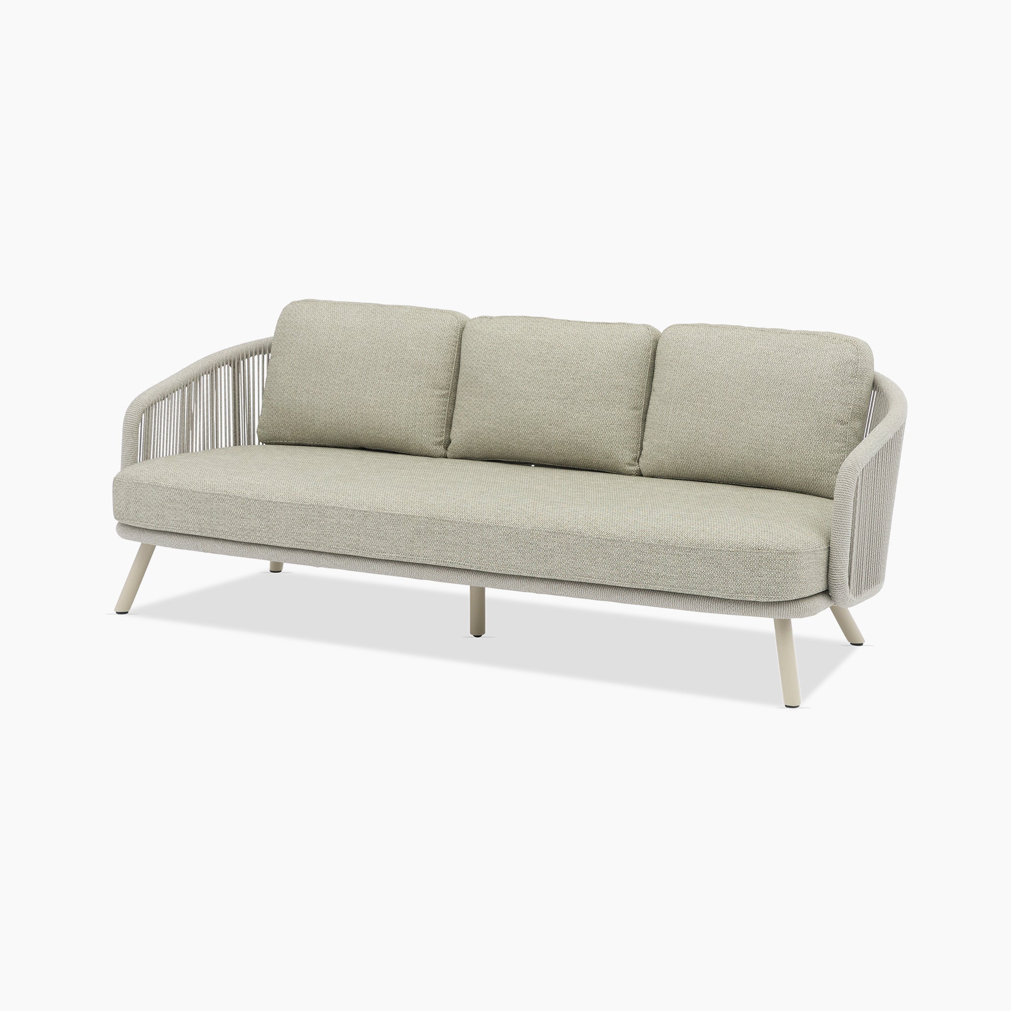 The Dekota 3 Seat Rope Sofa Set in Fawn includes a modern outdoor sofa with woven sides and three cushions, crafted from a powder-coated aluminum frame and hydrophobic olefin rope weave, beautifully displayed on a white background, complete with coffee tables and footstool.