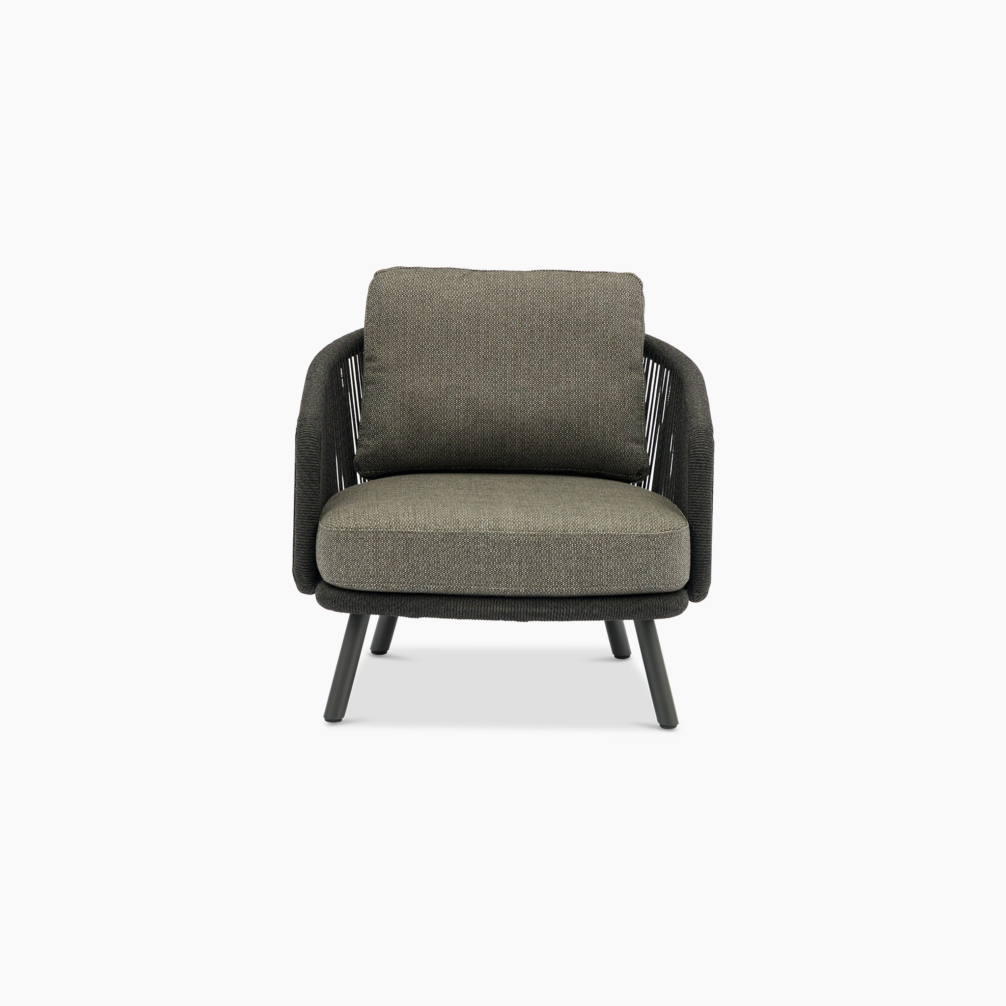 The gray cushioned armchair, with its woven rope frame and angled legs, uses olefin fabric for outdoor luxury. It's reminiscent of the elegance of the Dekota 3 Seat Rope Sofa Set with Coffee Tables and Footstool in Charcoal, all on a plain white background.