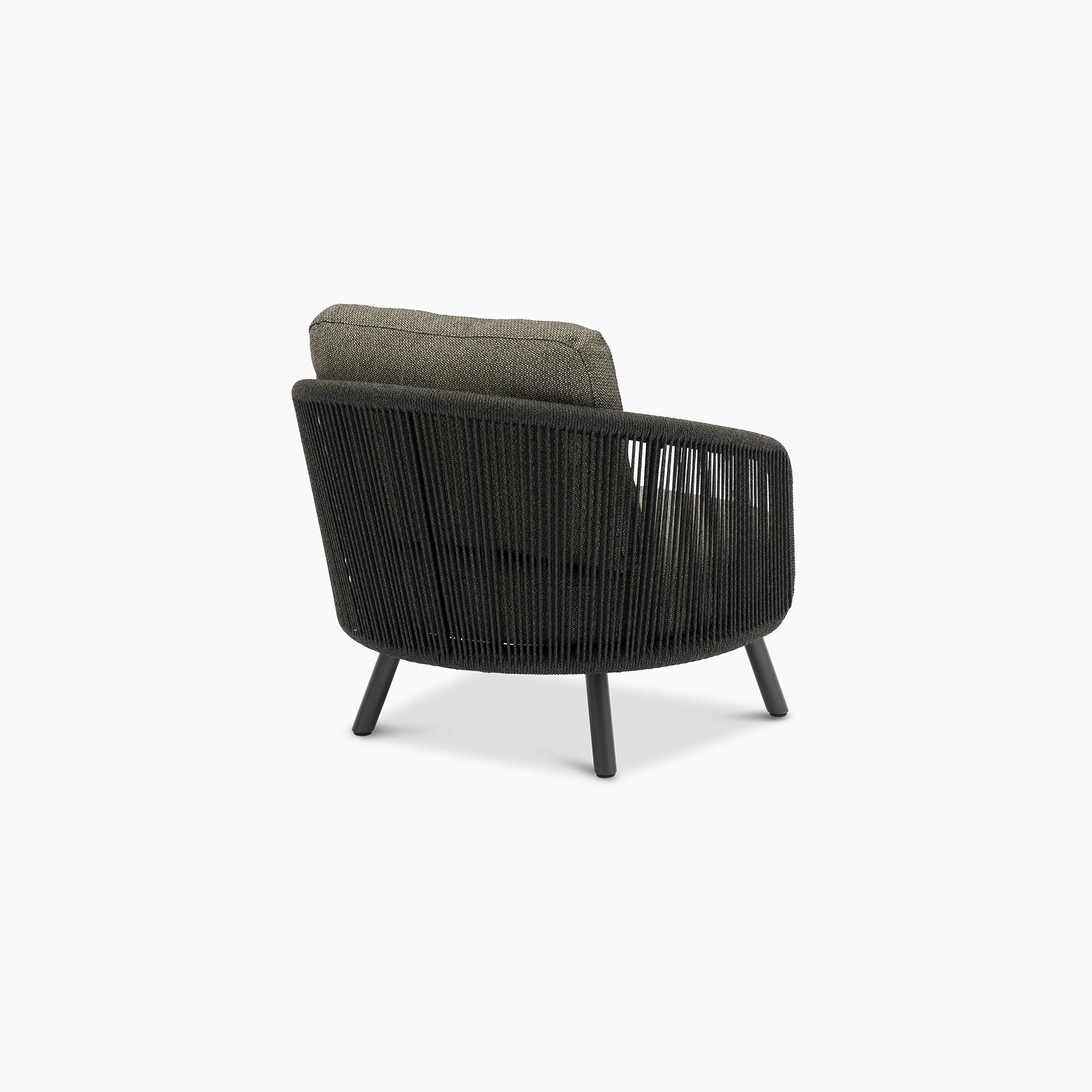 Charcoal rope armchair with gray olefin cushion, angled on a white background. Part of the Dekota 3 Seat Rope Sofa Set with Coffee Tables and Footstool.