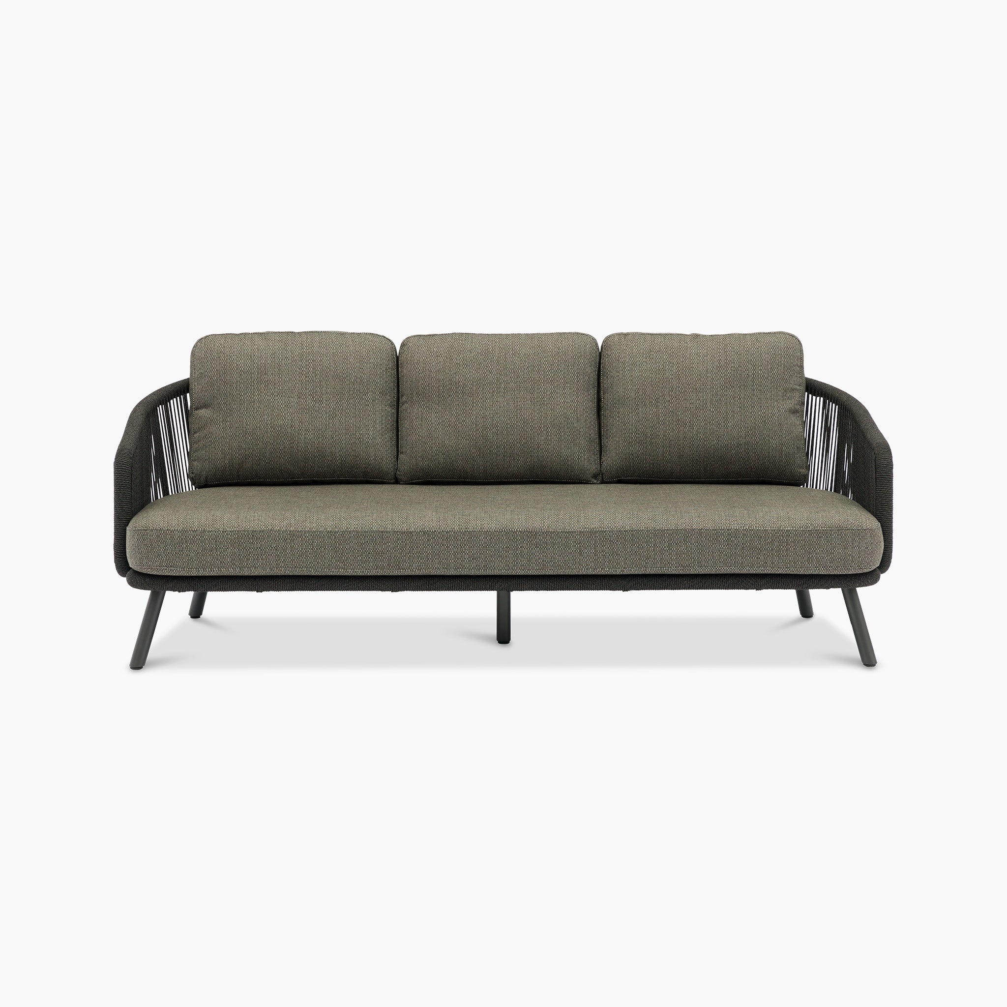 The Dekota 3 Seat Rope Sofa Set in charcoal features olefin fabric cushions, black metal legs, and a minimalist design, offering outdoor luxury against a pristine white backdrop.