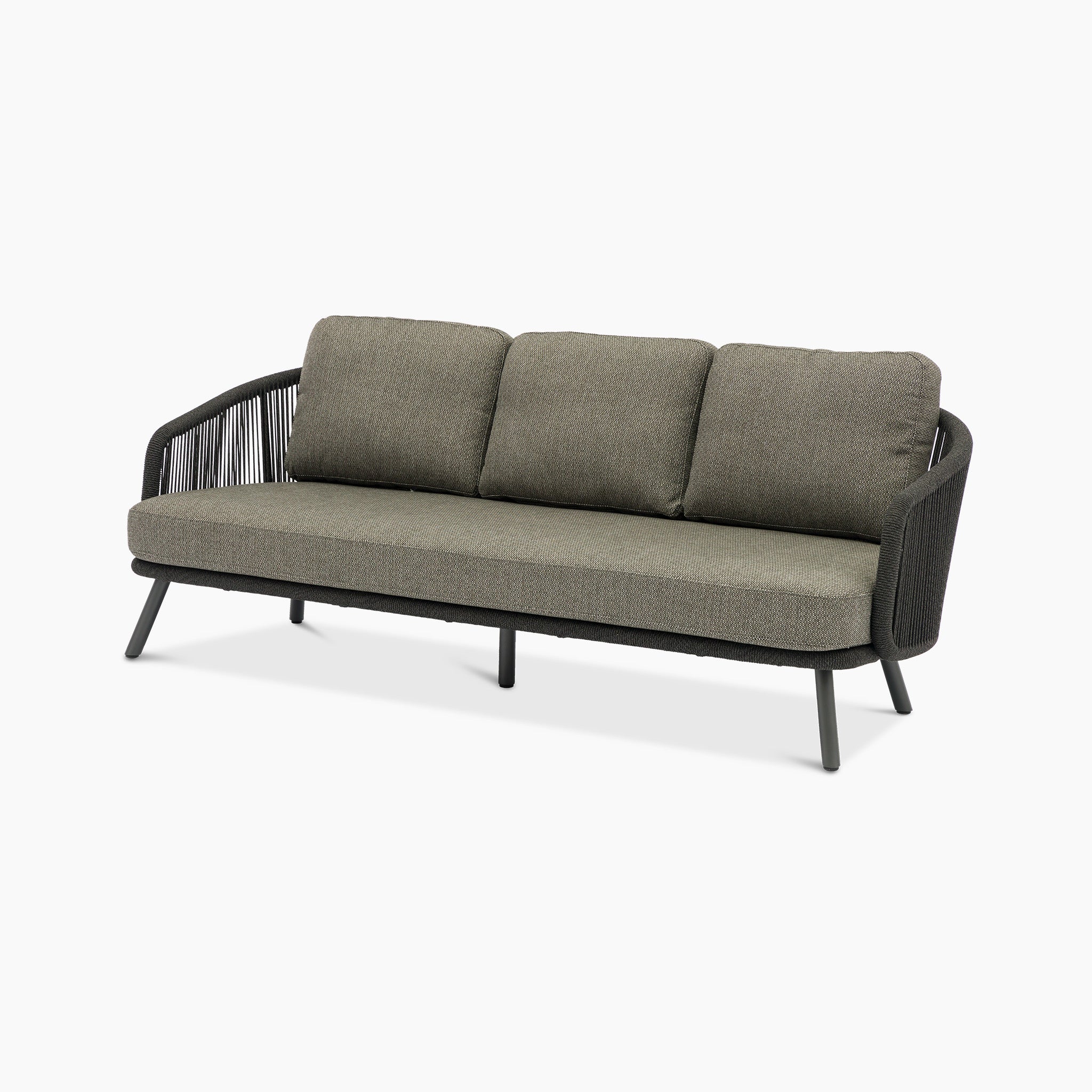 Introducing the Dekota 3 Seat Rope Sofa Set with Coffee Tables and Footstool in Charcoal, featuring durable olefin fabric, a sleek wireframe back, and elegant black metal legs for outdoor luxury against a pristine white backdrop.