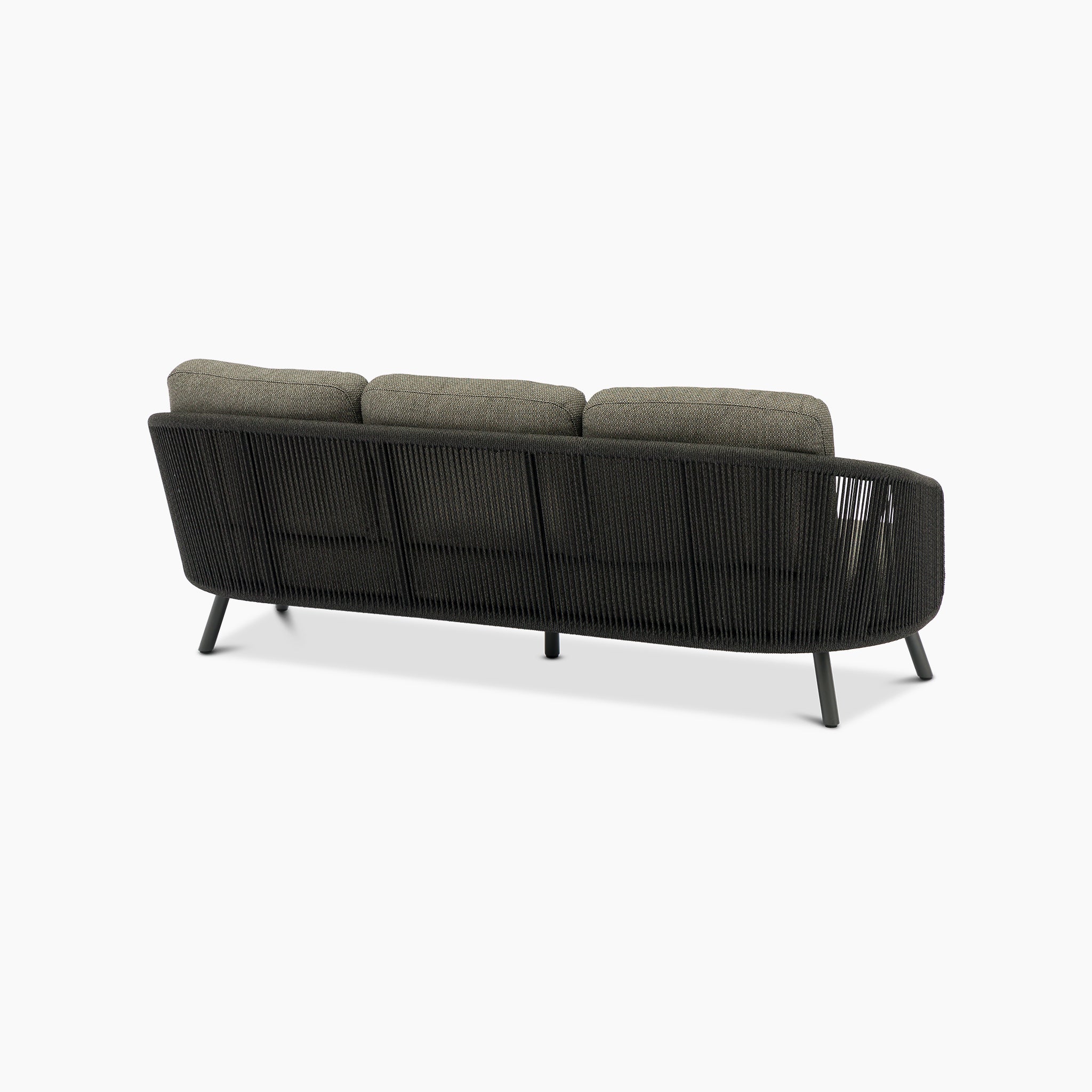 Rear view of the Dekota 3 Seat Rope Sofa Set in charcoal, a modern outdoor luxury piece with a dark woven frame. It features three olefin fabric cushions and angled legs, including coffee tables and a footstool.