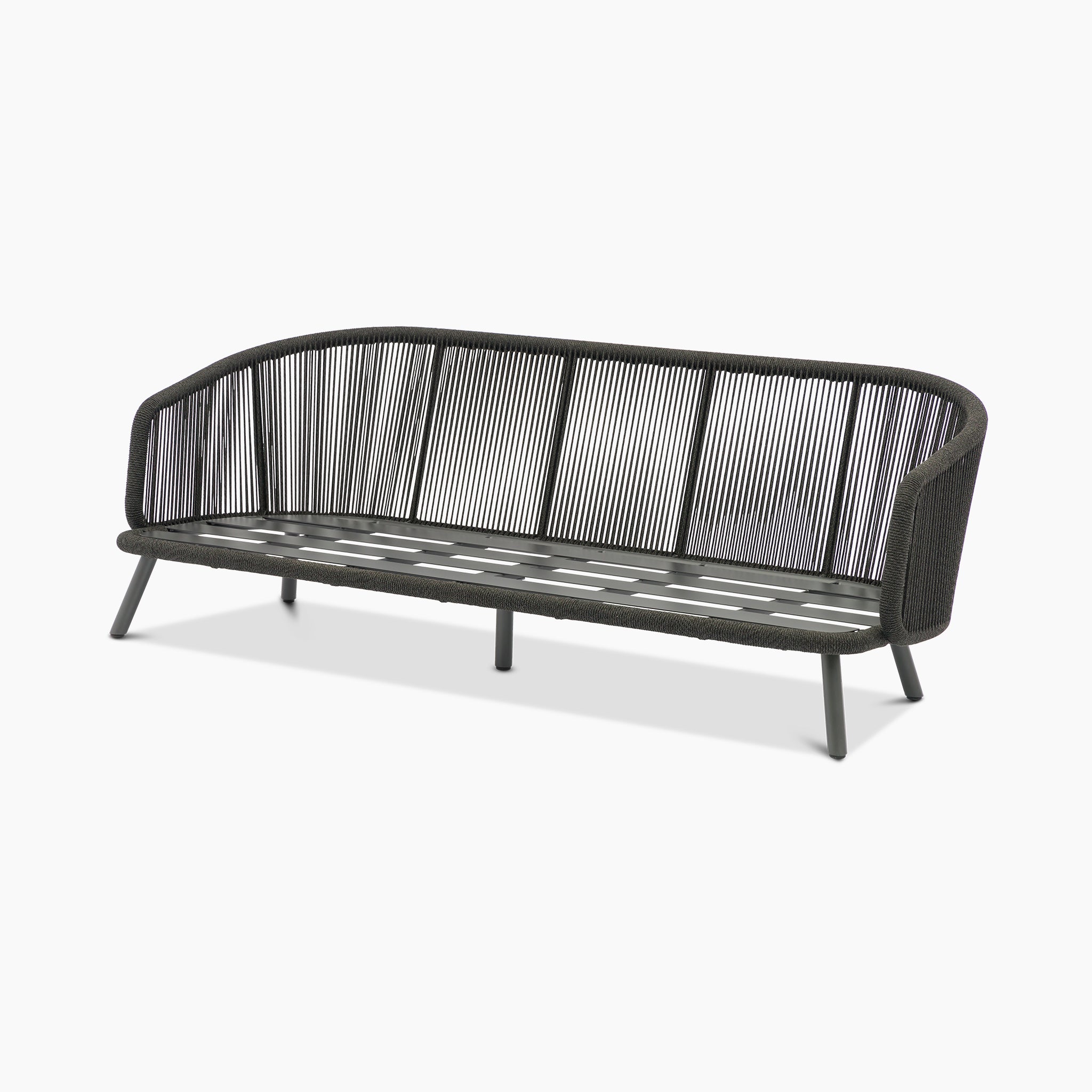 The Dekota 3 Seat Rope Sofa Set with Coffee Tables and Footstool in Charcoal features a modern black woven design made with durable olefin fabric, curved back, and sleek metal legs, embodying outdoor luxury perfect for any elegant patio setup.