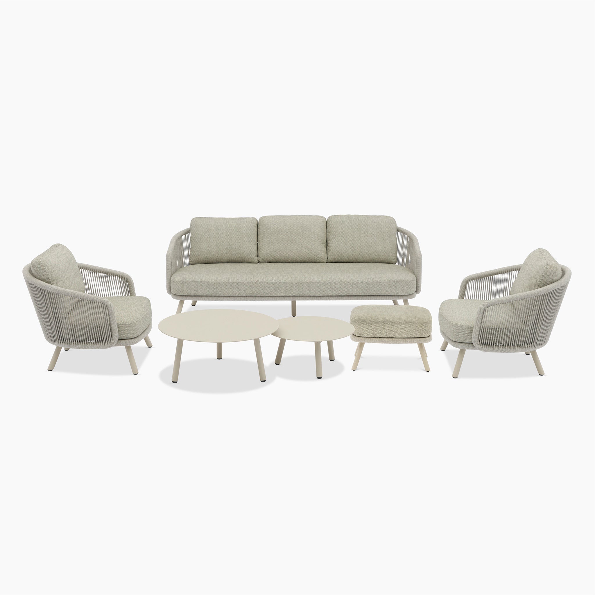 The Dekota 3 Seat Rope Sofa Set with Coffee Tables and Footstool in Fawn features a powder-coated aluminium frame and hydrophobic olefin rope weave, including a sofa, two armchairs, a round coffee table, and a small footstool on a white background.