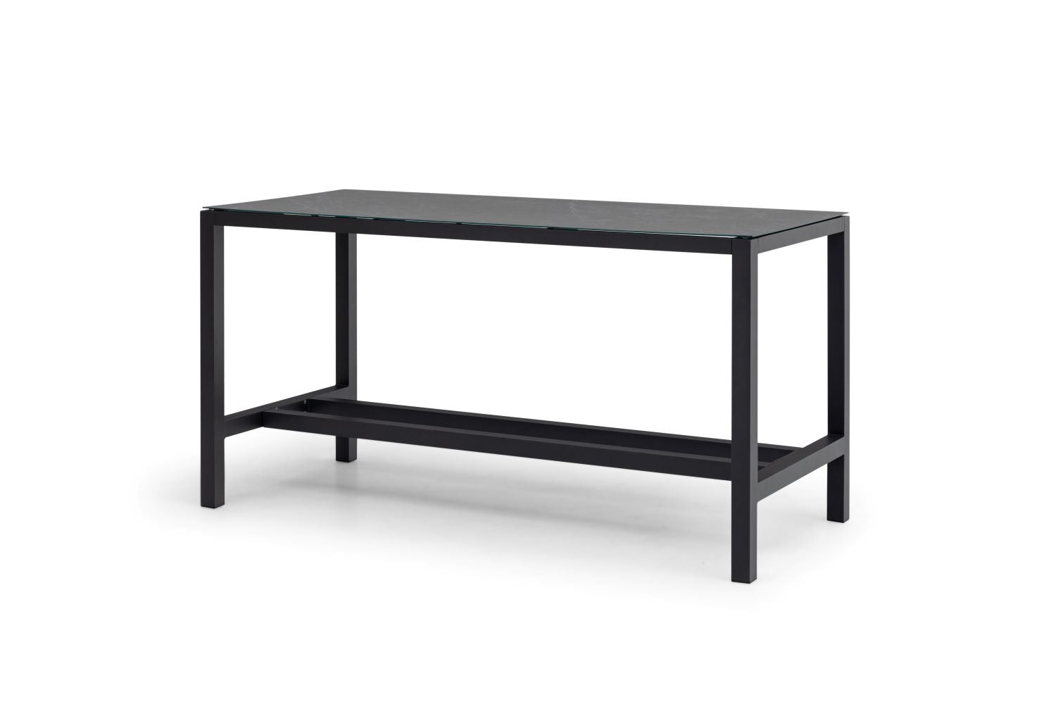 A sleek black metal and glass rectangular console table, featuring aluminium frames and a lower shelf, set against a plain white background.