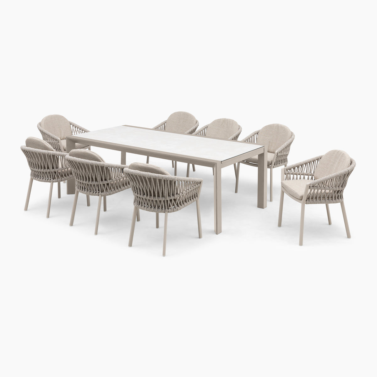 The Pello 8 Seat Extending Dining Set with Ceramic Table in Fawn includes a sleek rectangular table and eight wicker chairs, ideal for outdoor dining. Featuring Quick Dry Foam cushions, it offers lasting comfort and durability against a pristine white backdrop.