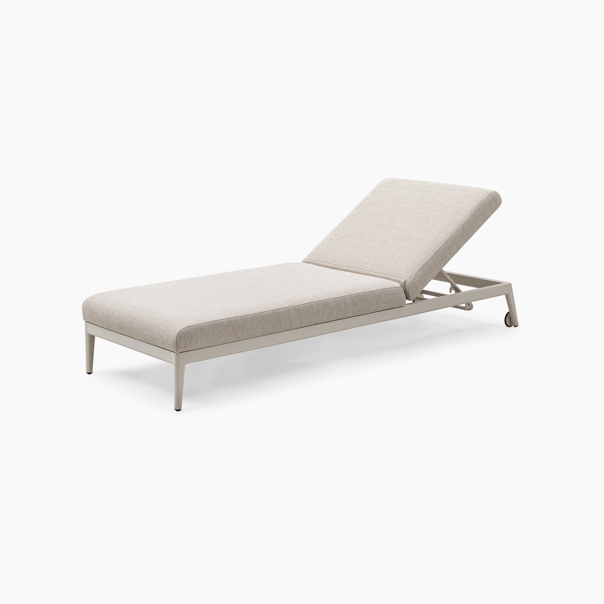 Fawn colored Luna Outdoor Fabric Sun Lounger, designed with an adjustable backrest and set against a pristine white backdrop.