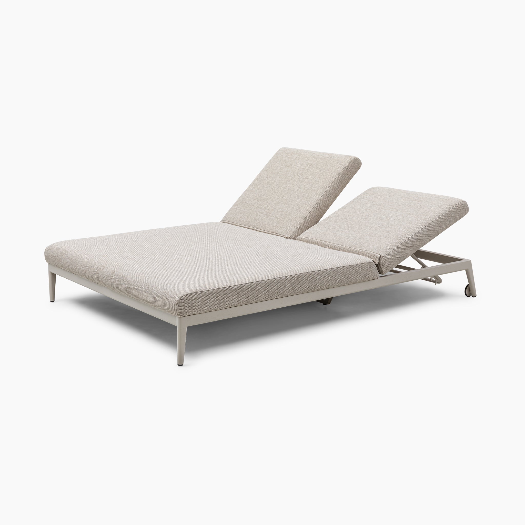 Luna Outdoor Fabric Double Sun Lounger in Fawn featuring a metal frame and crafted from all-weather material, set against a white background.