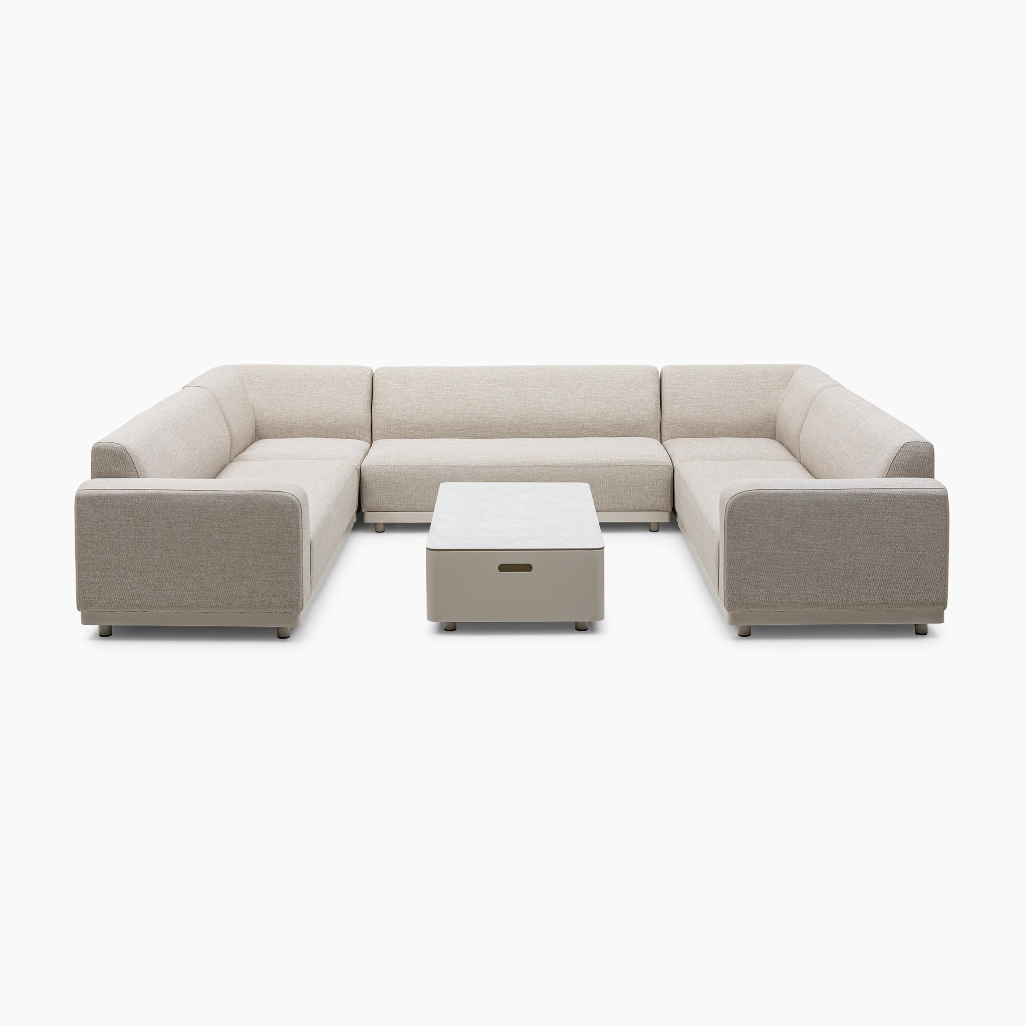 Luna U-Shape Outdoor Fabric Sofa Set with Coffee Table in Fawn, featuring a beige design crafted from maintenance-free, quick-drying outdoor fabric on a white background.